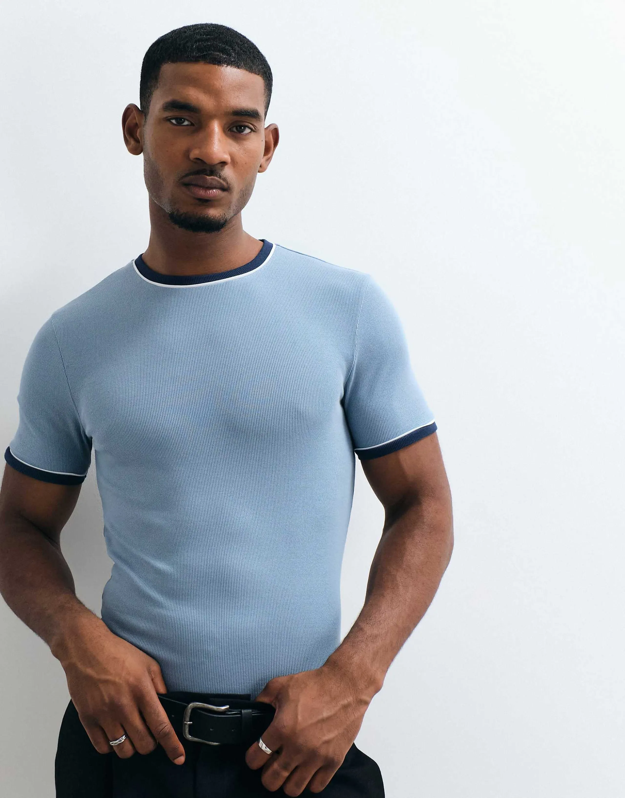 ASOS DESIGN muscle fit ringer t-shirt with piping in blue rib knit