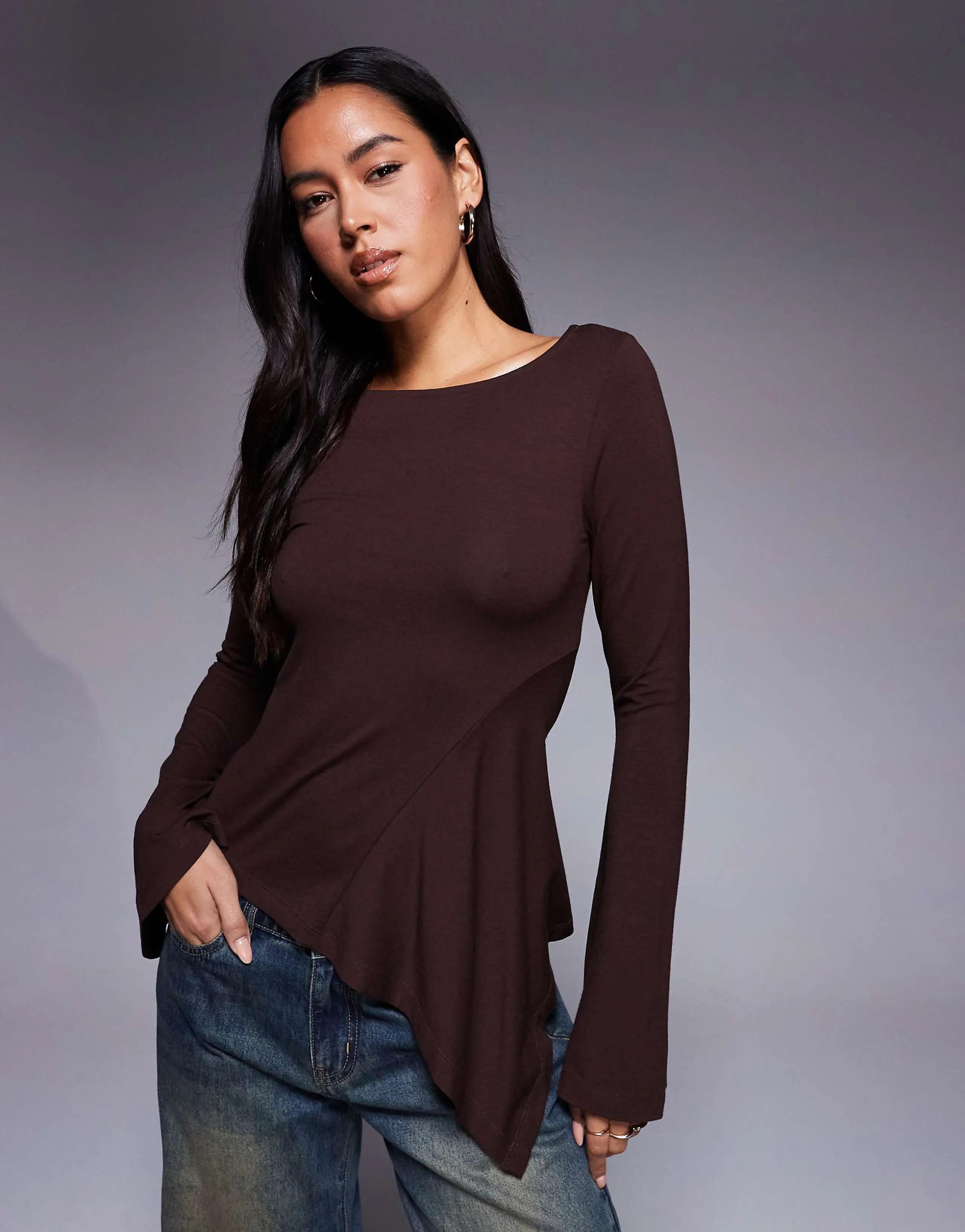 ASOS DESIGN angel sleeves top with godet detailing in chocolate brown