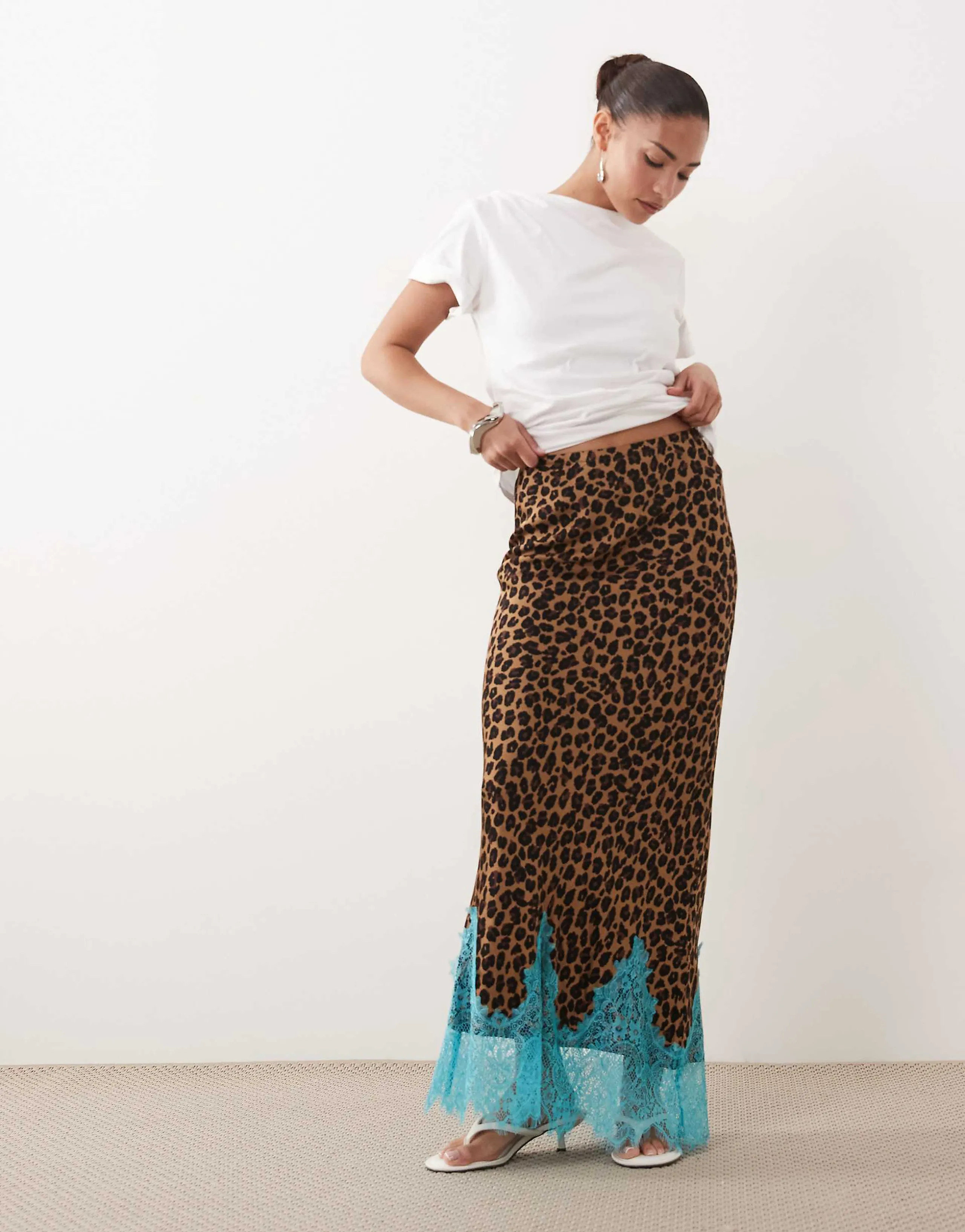 Never Fully Dressed Petite Maeva satin bias maxi skirt with lace detail in leopard print
