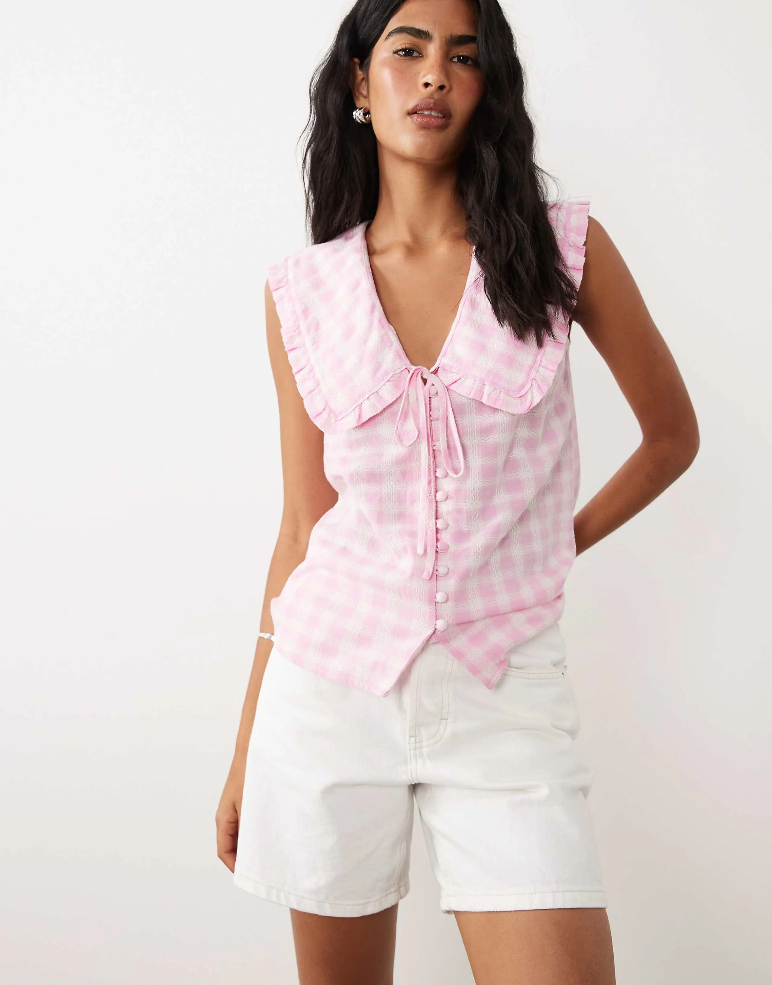 Nobody's Child Blair ruffle trim collar button up blouse in pink gingham