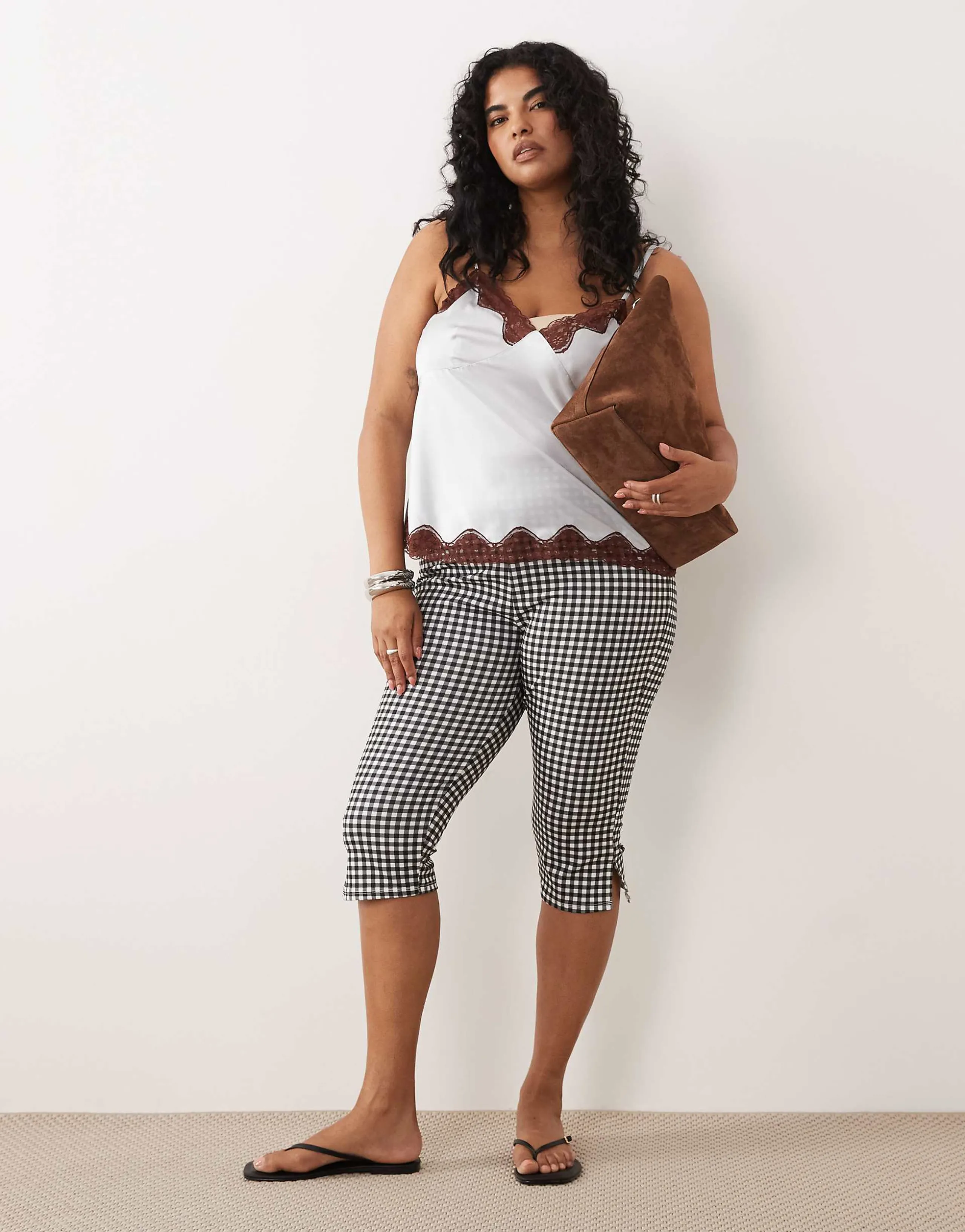 ASOS DESIGN Curve jersey capri leggings in mono gingham