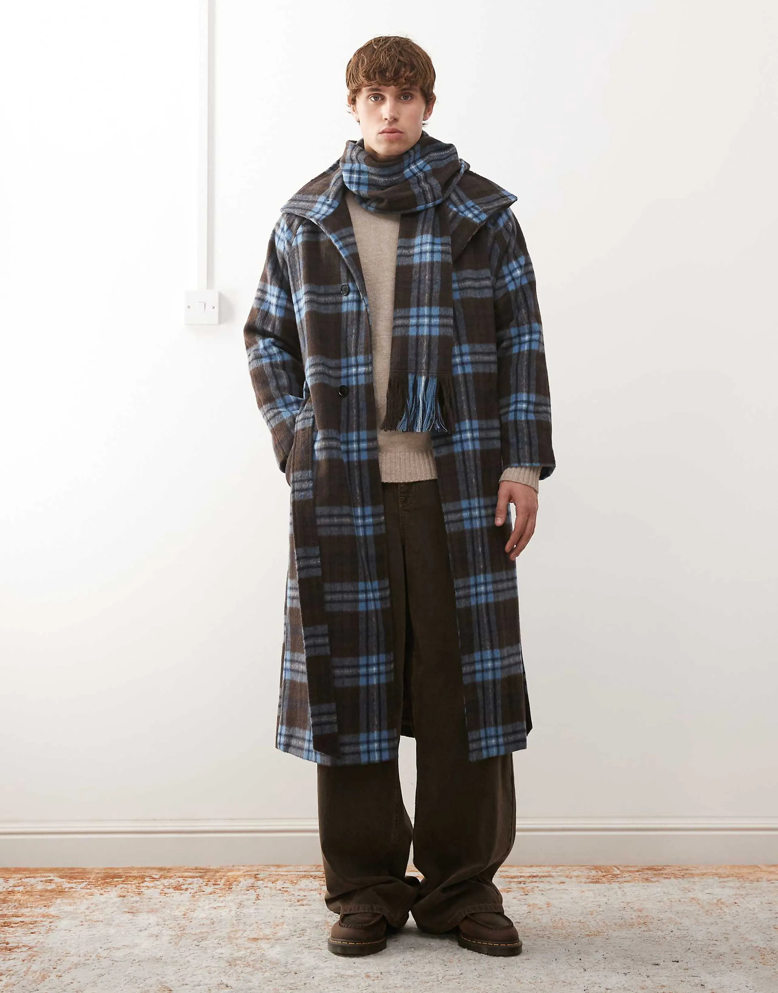Reclaimed Vintage wool look maxi duster coat with funnel neck and matching scarf in blue and brown plaid