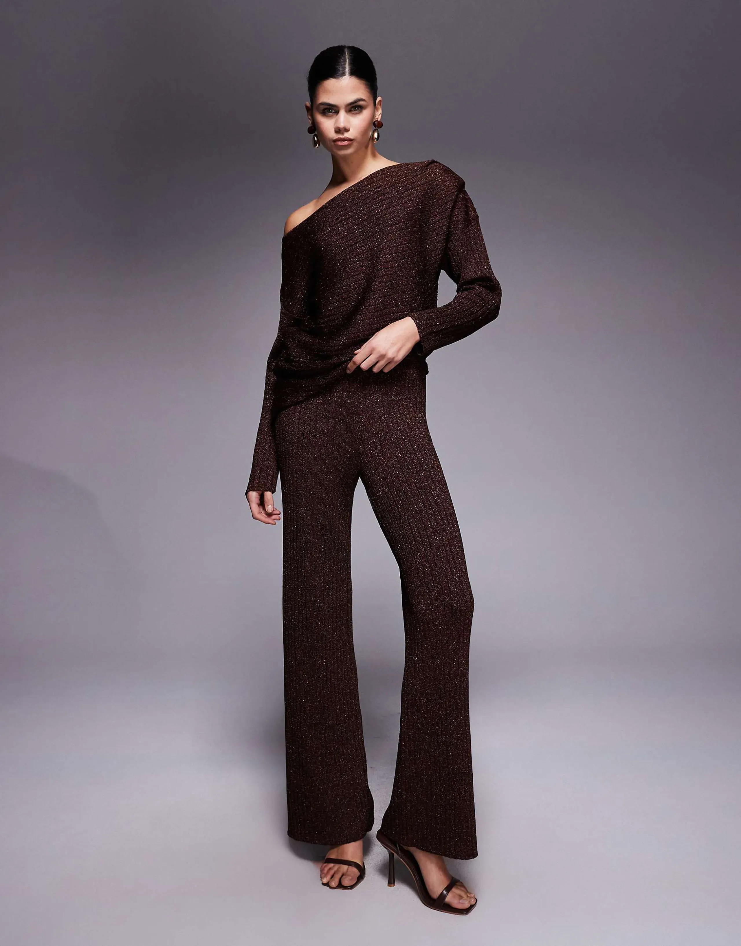 River Island glitter wide leg pant loungewear in brown - part of a set