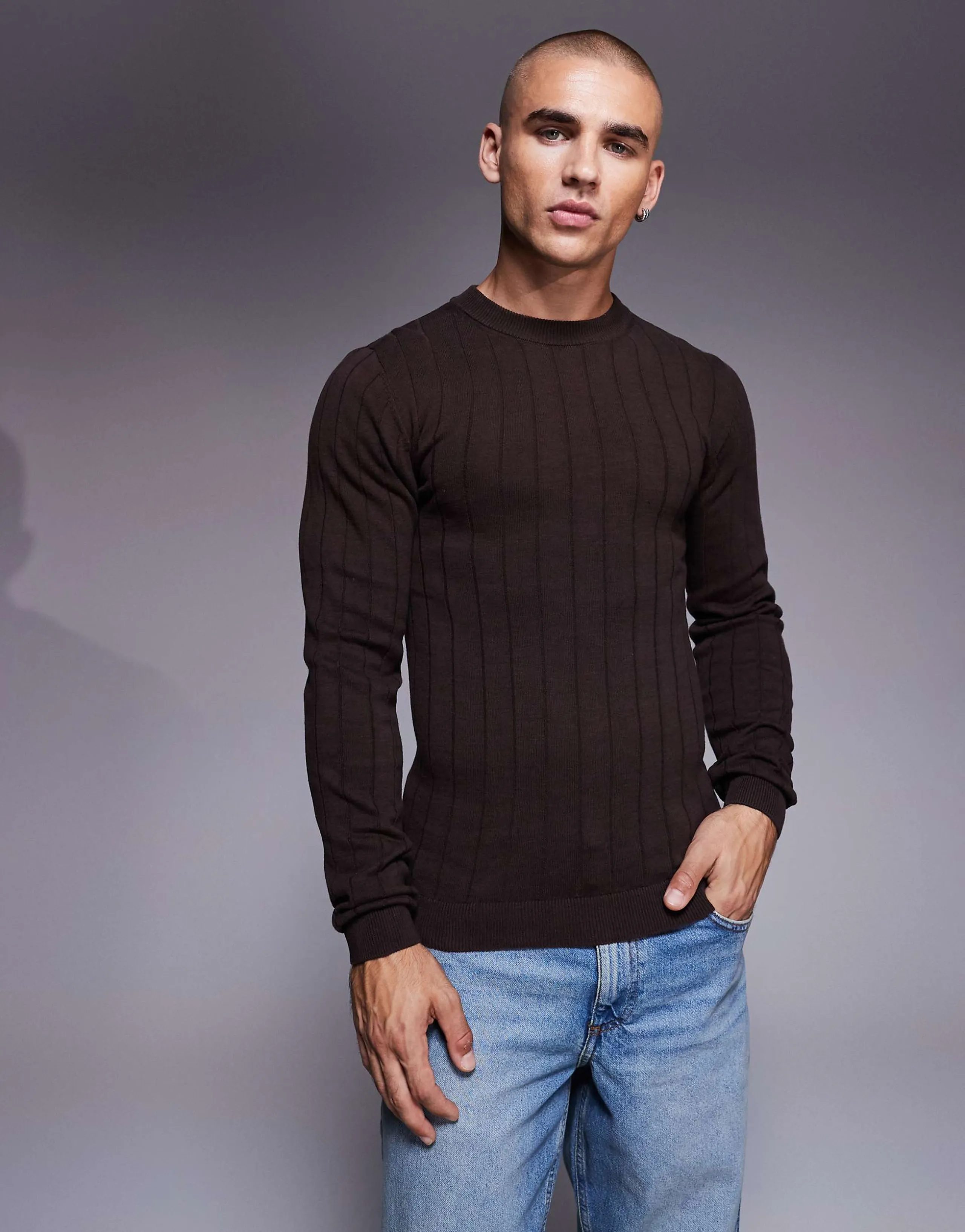ASOS DESIGN muscle fit long sleeve knit rib T-shirt in brown