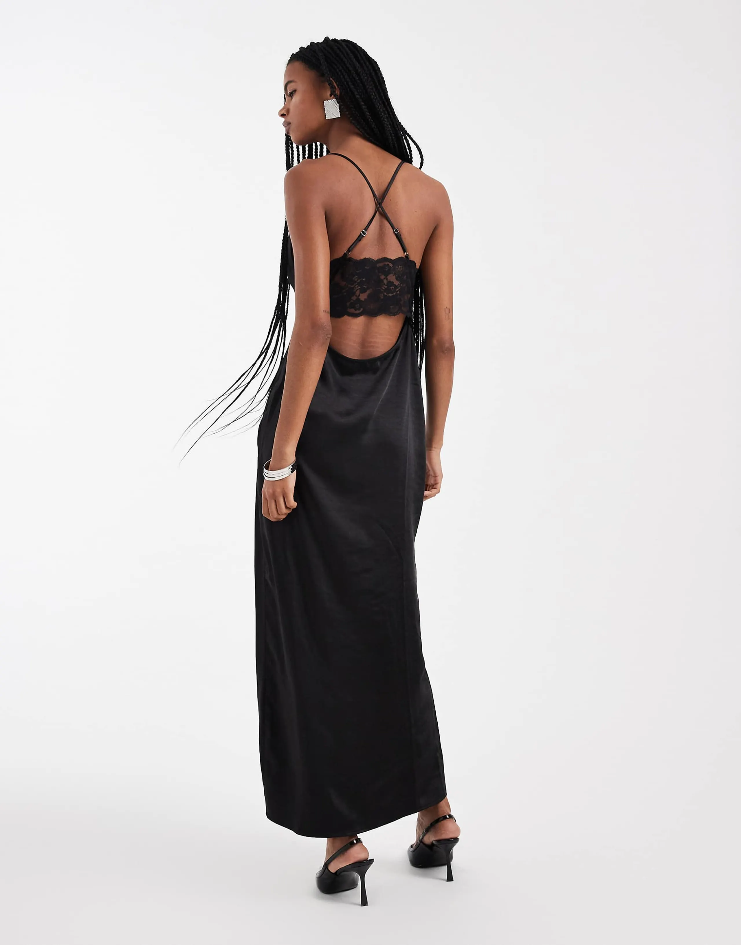 4th & Reckless strappy cami lace detailing slit front satin maxi dress in black