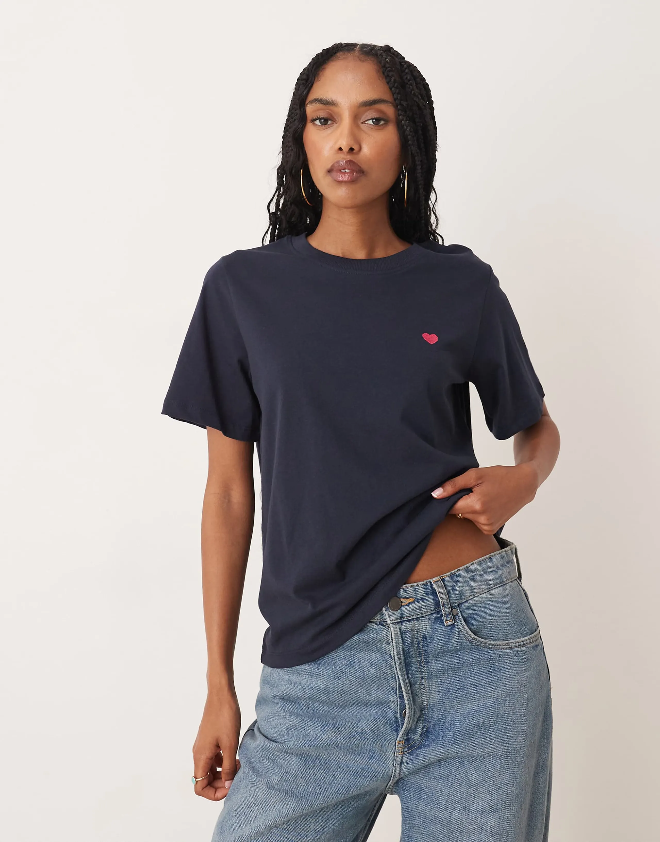 JDY pink heart print T-shirt in navy