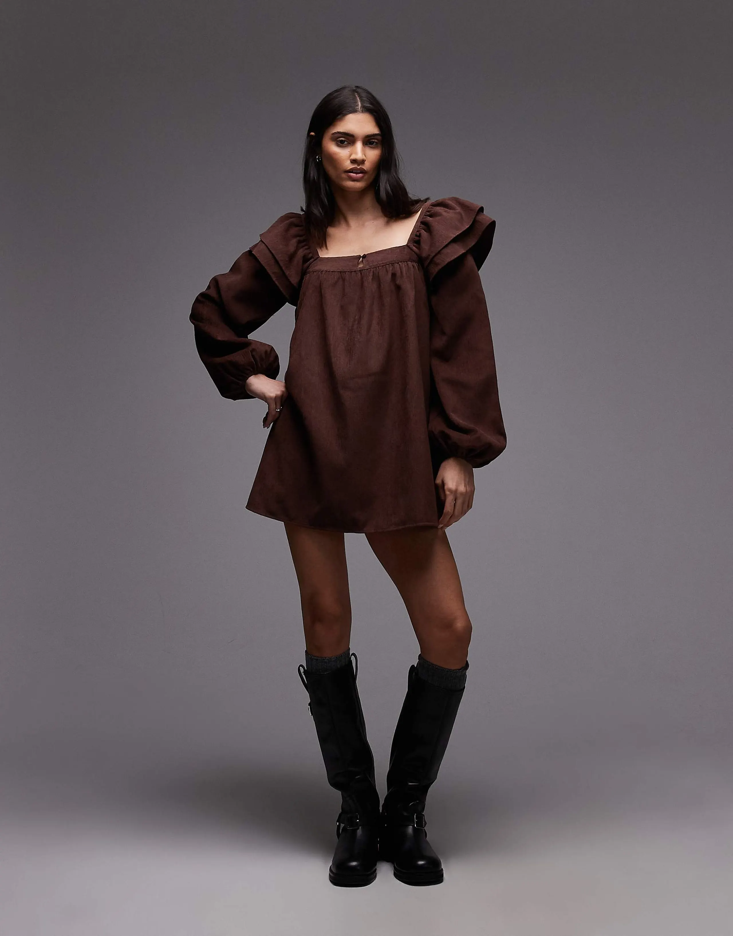 ASOS DESIGN square neck frill cord mini smock dress in chocolate