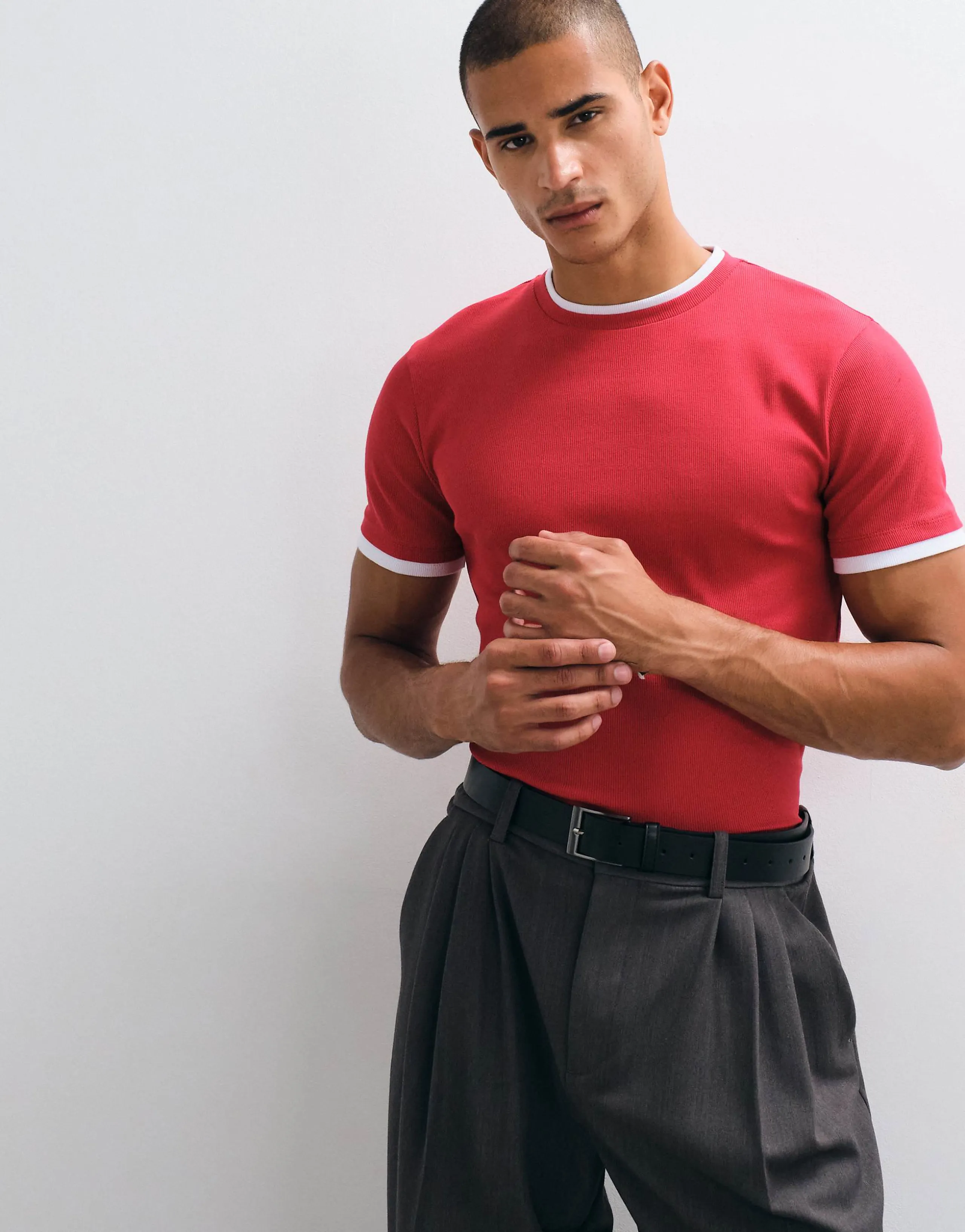 ASOS DESIGN slim fit T-shirt with double layer in red rib