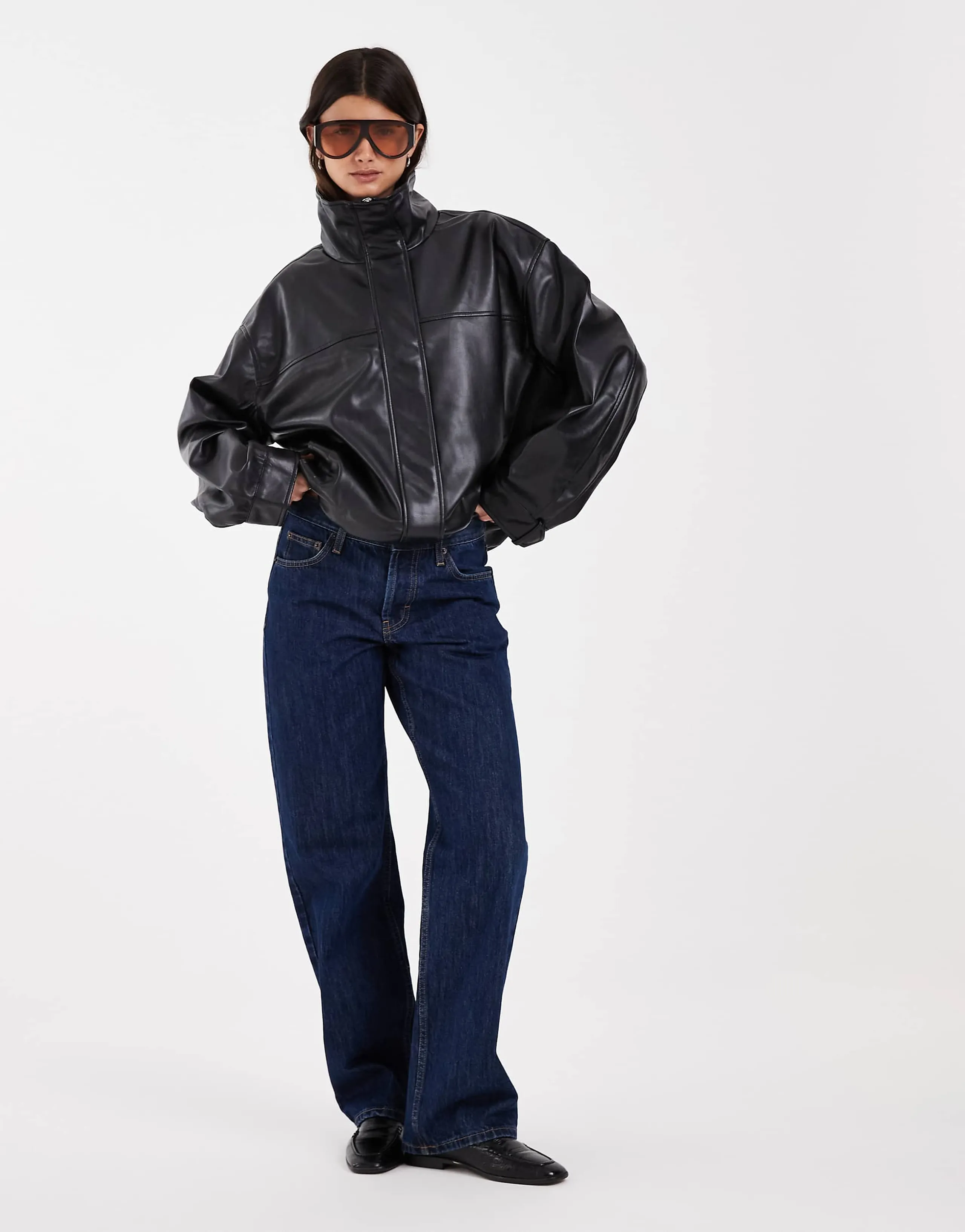 ASOS DESIGN clean leather look funnel track bomber jacket in black
