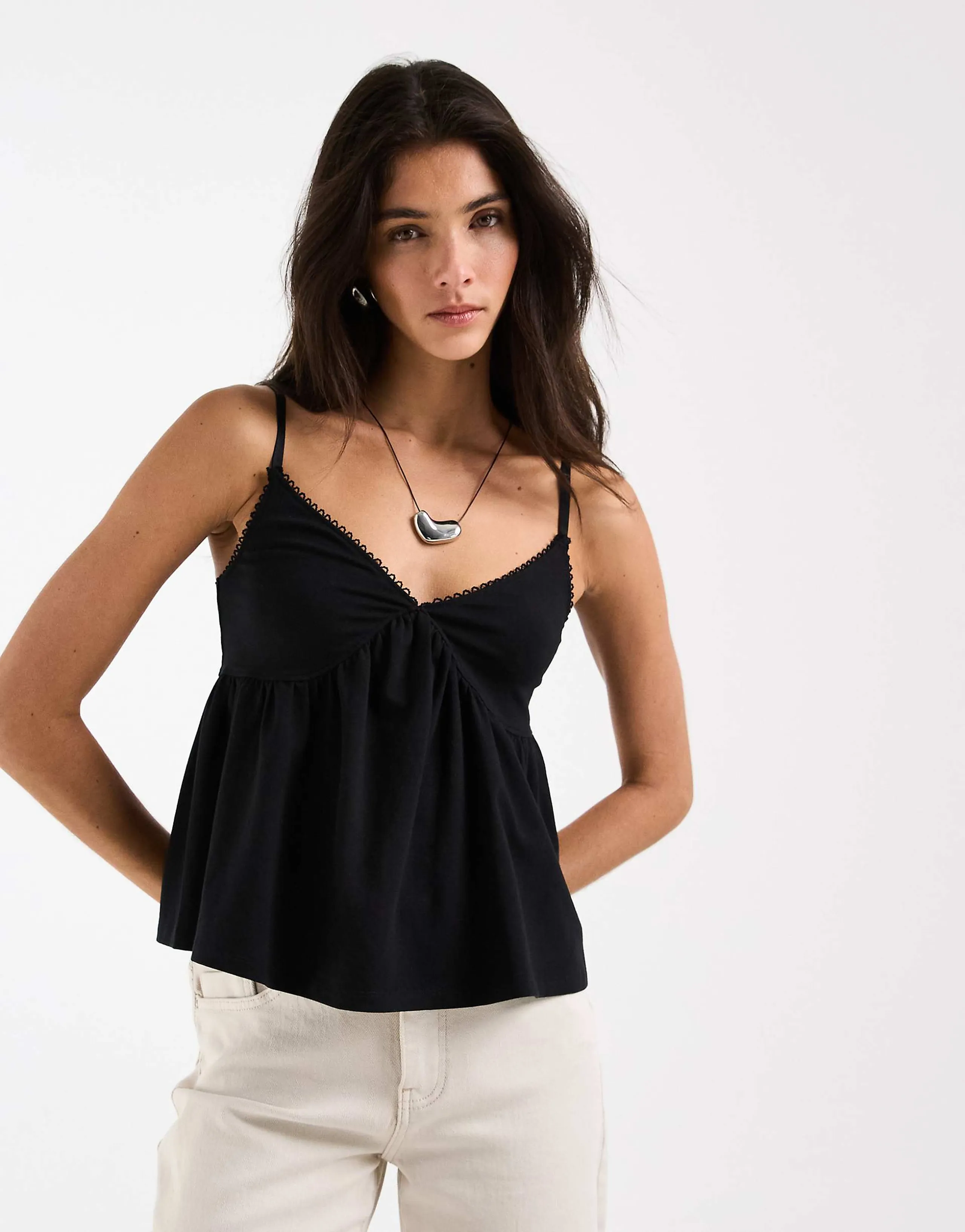 ASOS DESIGN trim detail babydoll cami in black