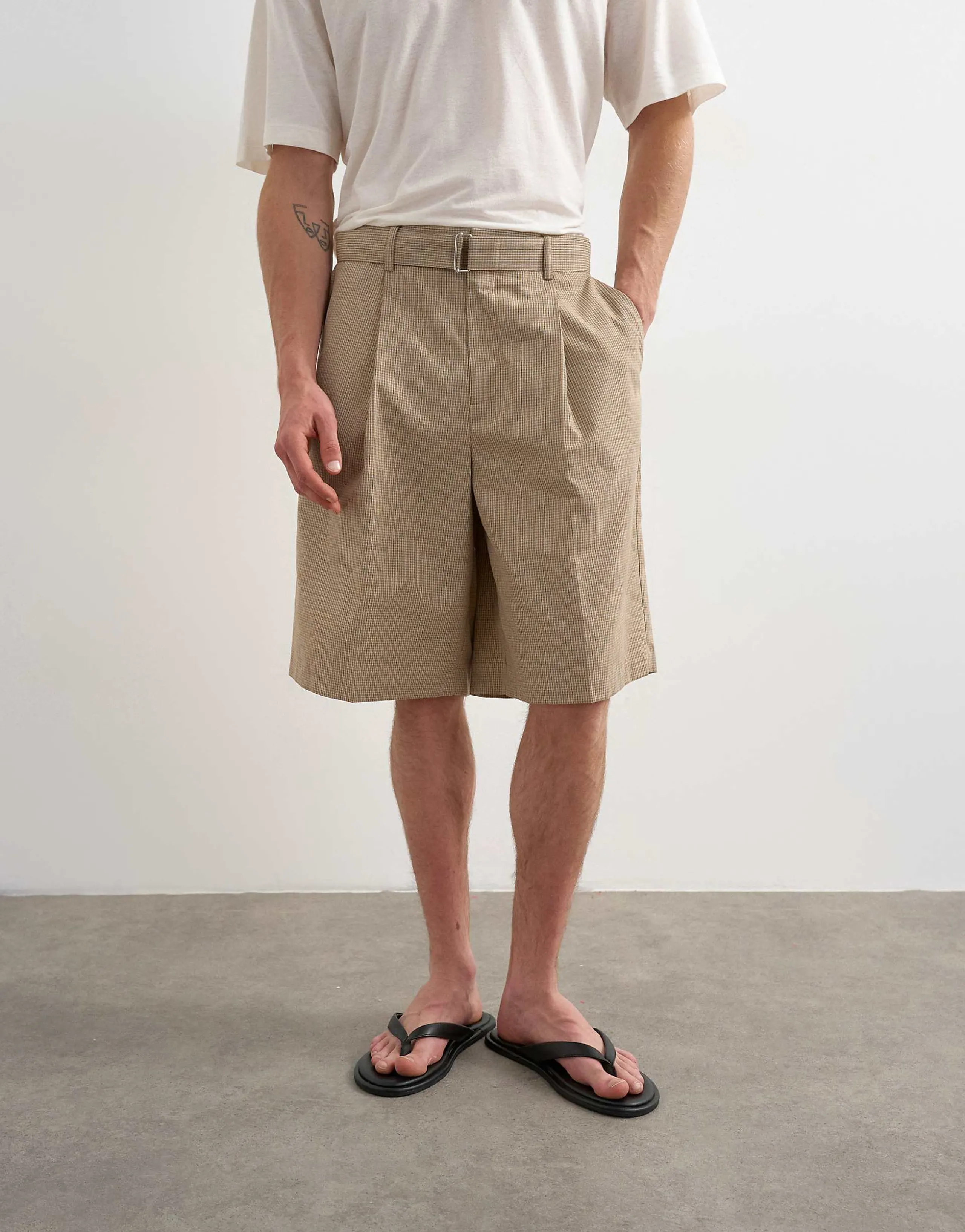 Topman wide leg belted plaid shorts in neutral