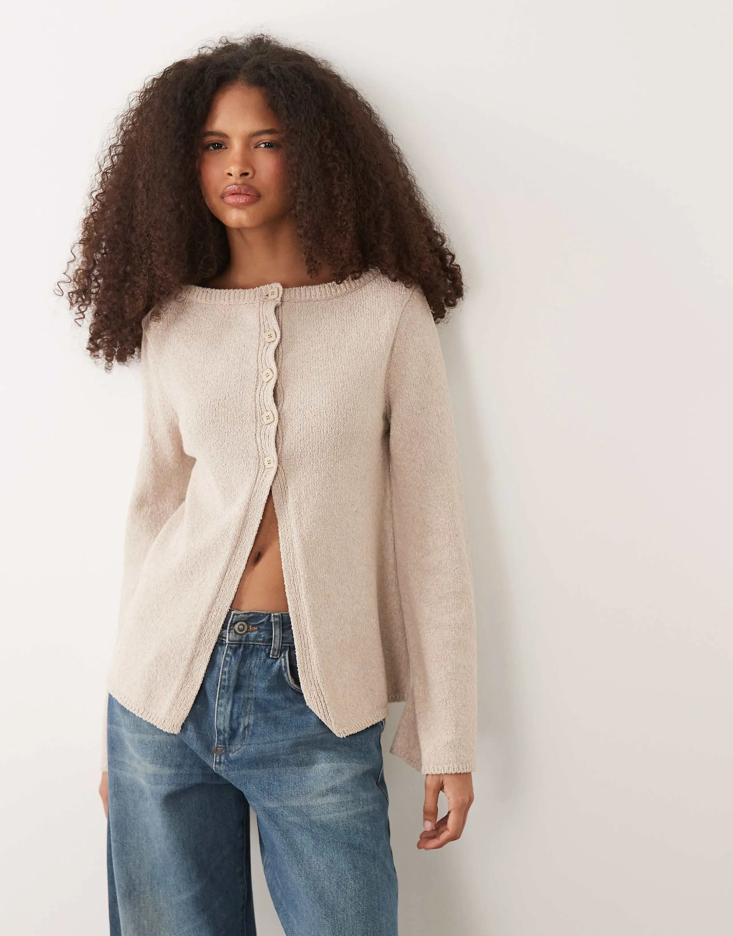 ASOS DESIGN knit cotton blend boucle cardigan in stone