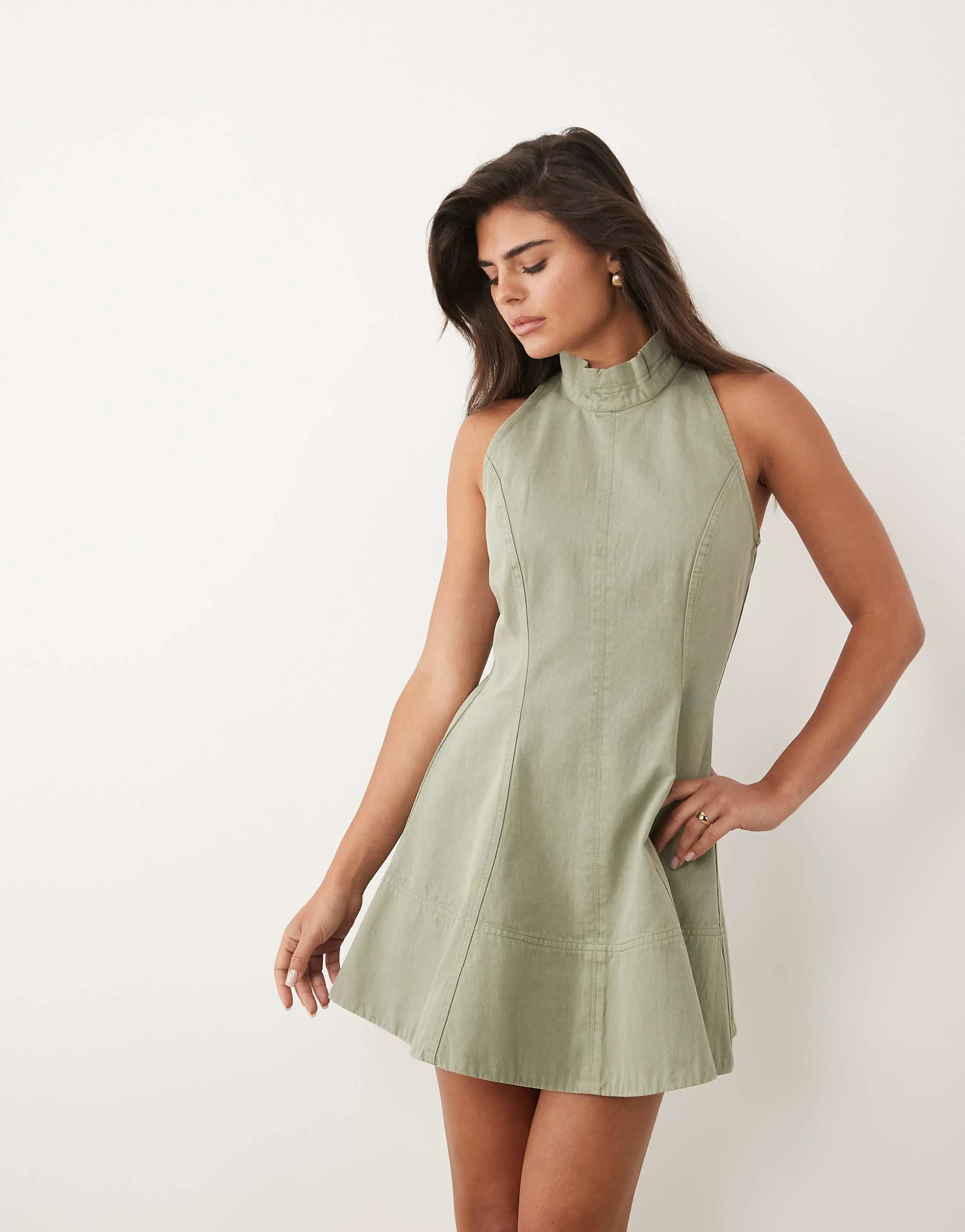 ASOS DESIGN twill funnel neck seamed mini dress in washed olive