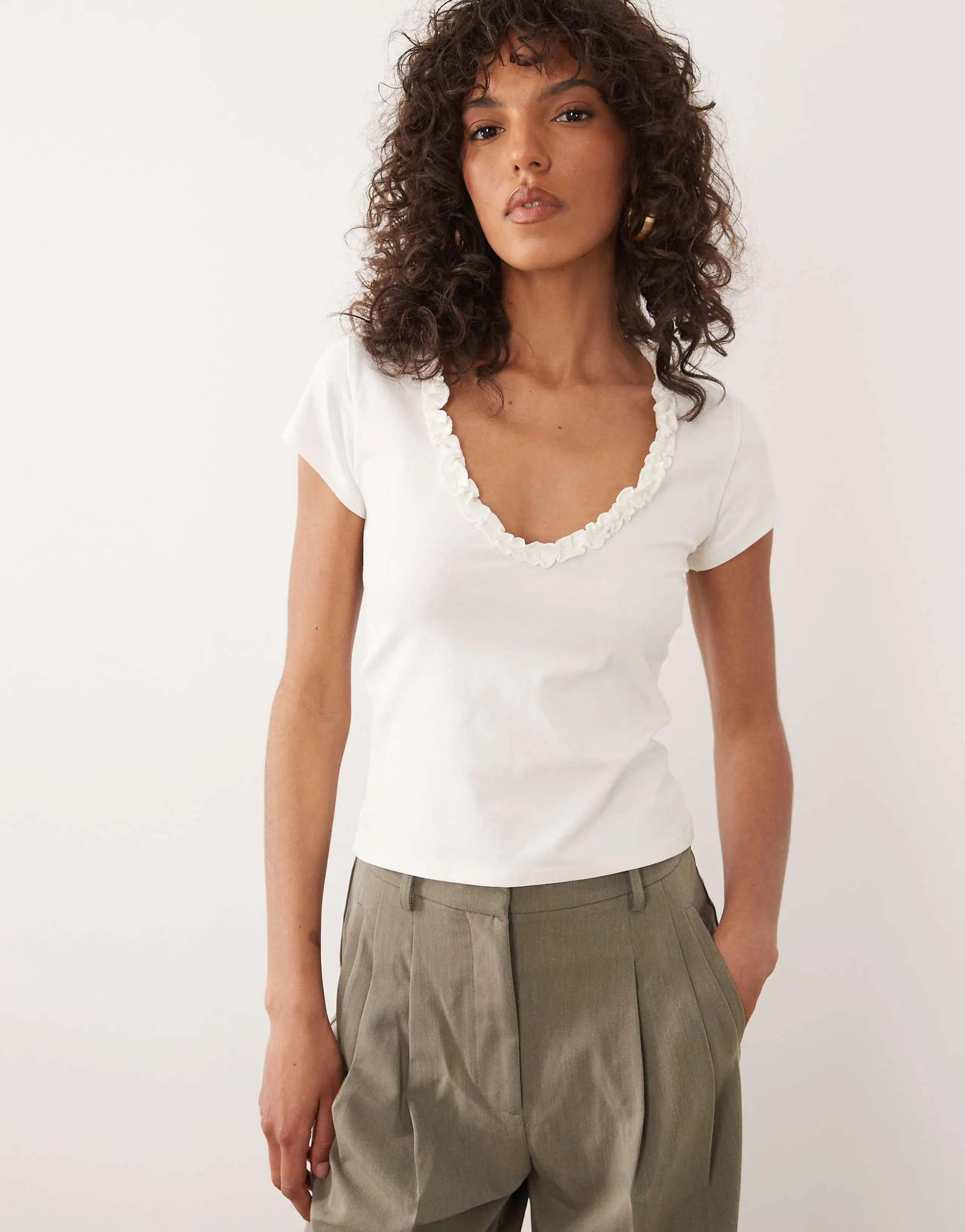 Miss Selfridge V-front T-shirt with ruffle detail in cream