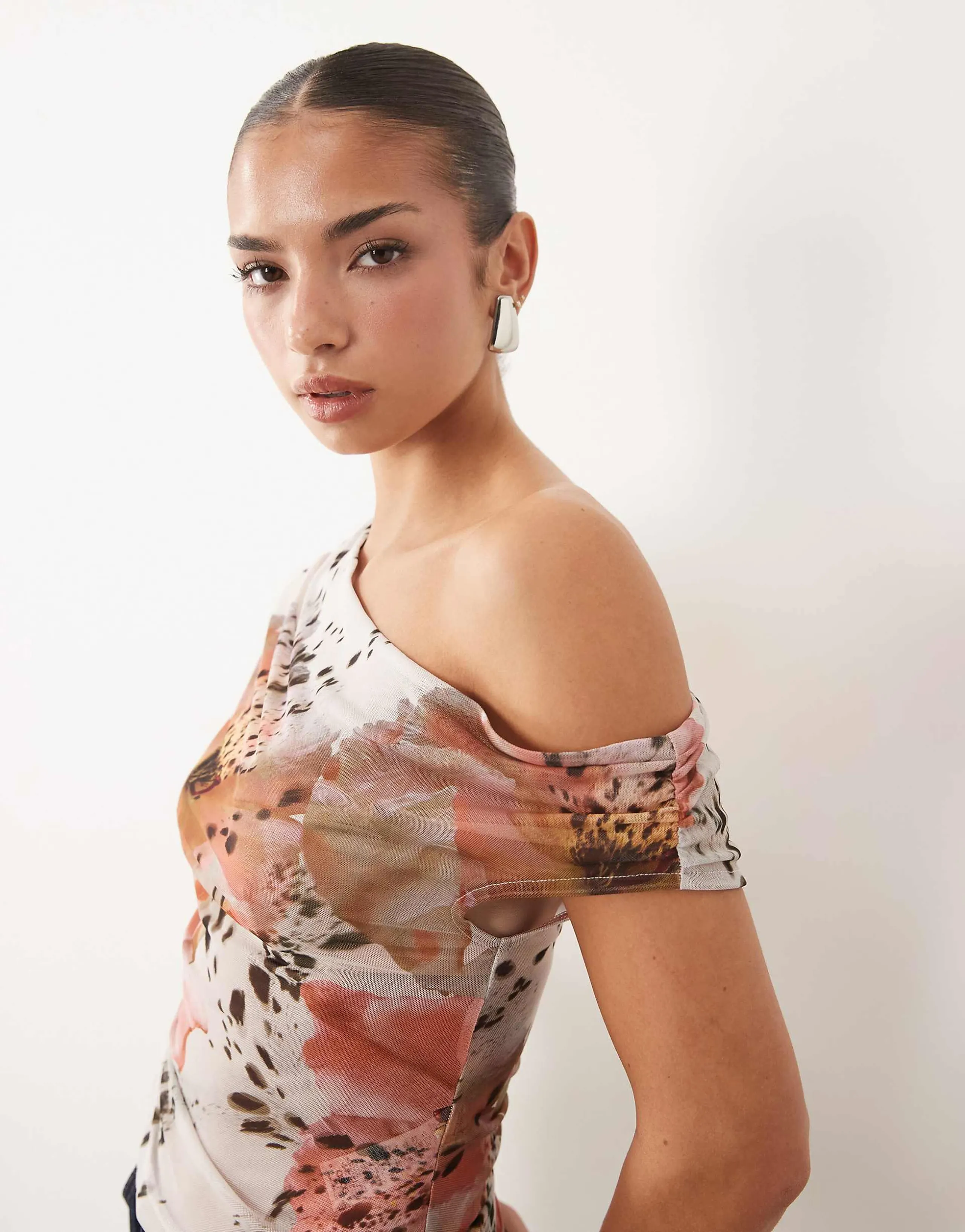 ASOS DESIGN sheer mesh ruched off shoulder asymmetric top in spotted floral