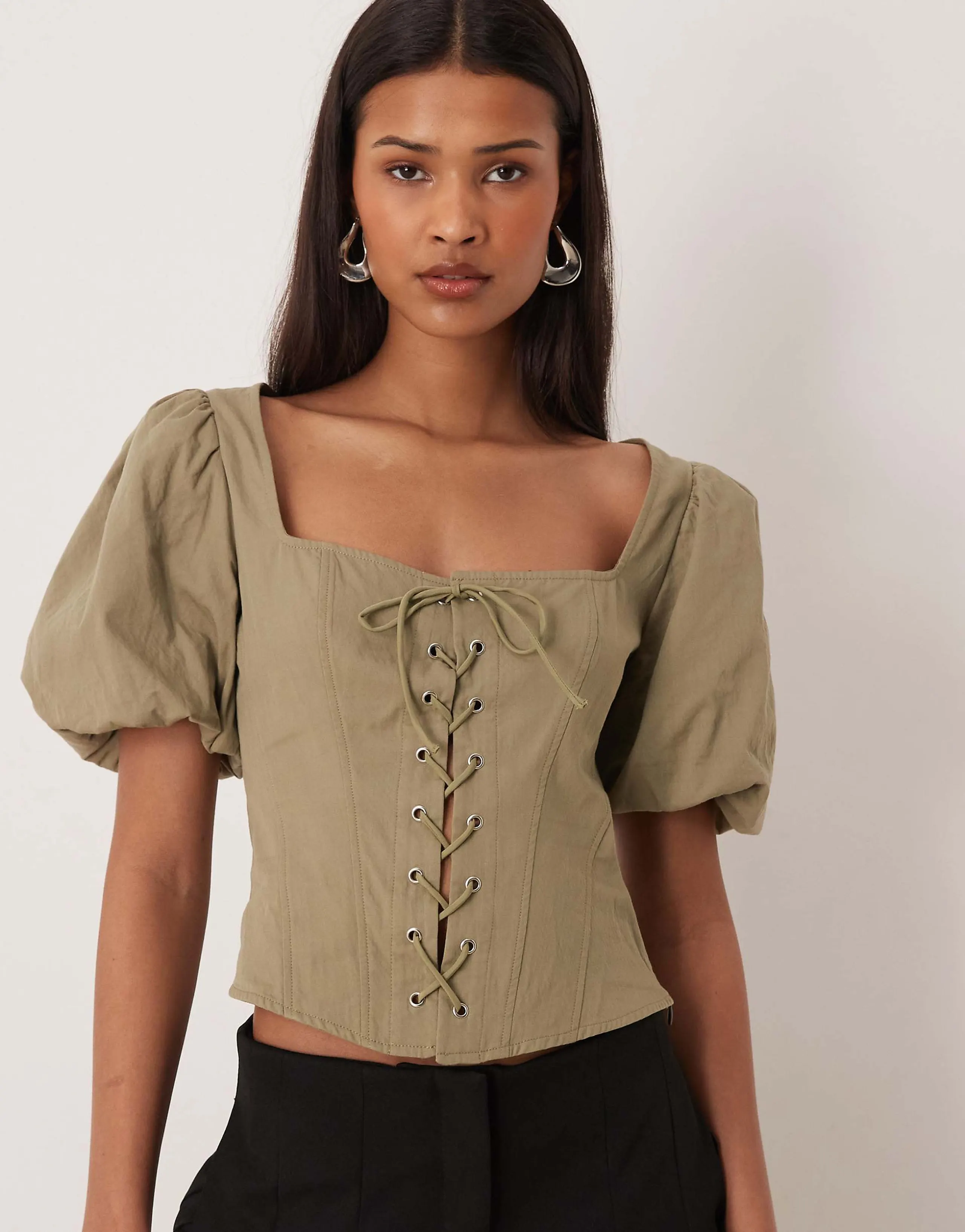 Gina Tricot pure cotton milkmaid corset top in olive green