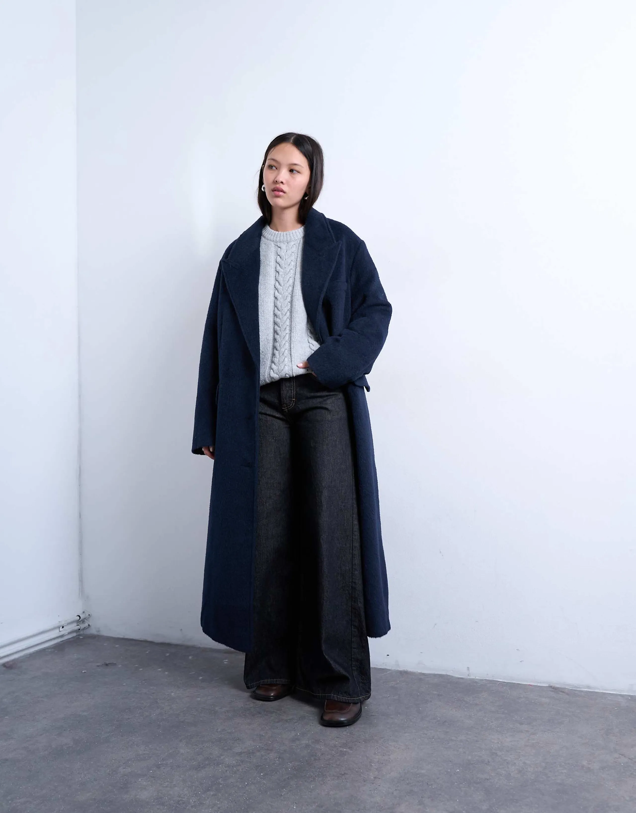 Topshop 3 button brushed wool blend coat in navy