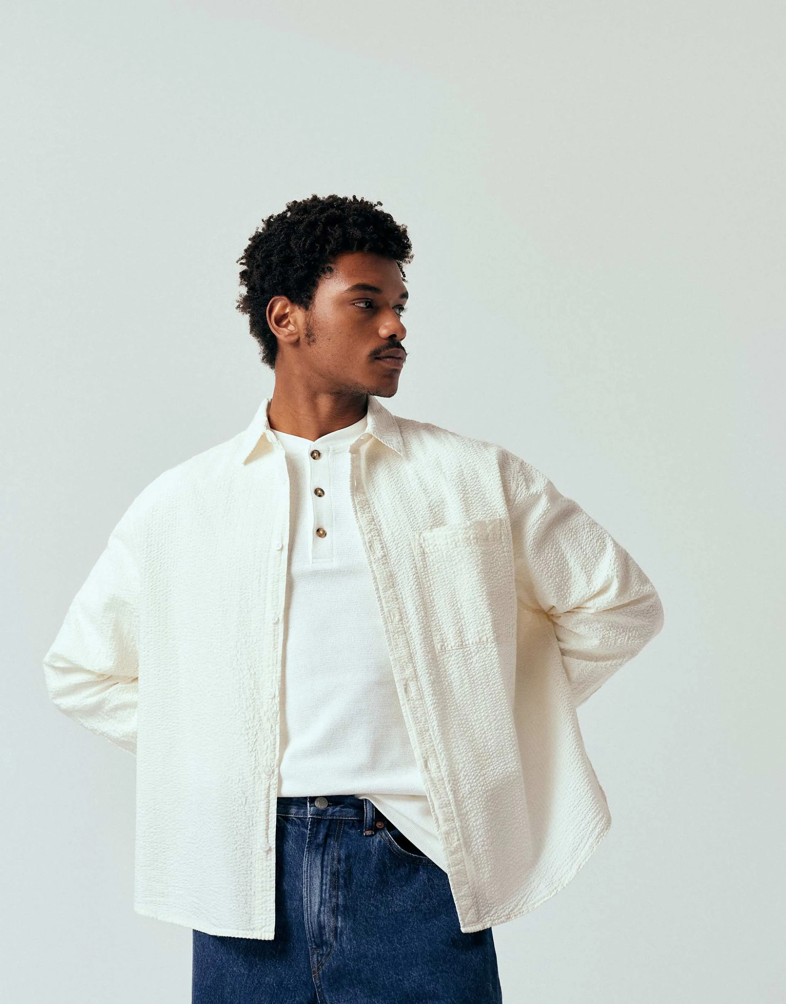 ASOS DESIGN oversized long sleeve seersucker shirt in off-white