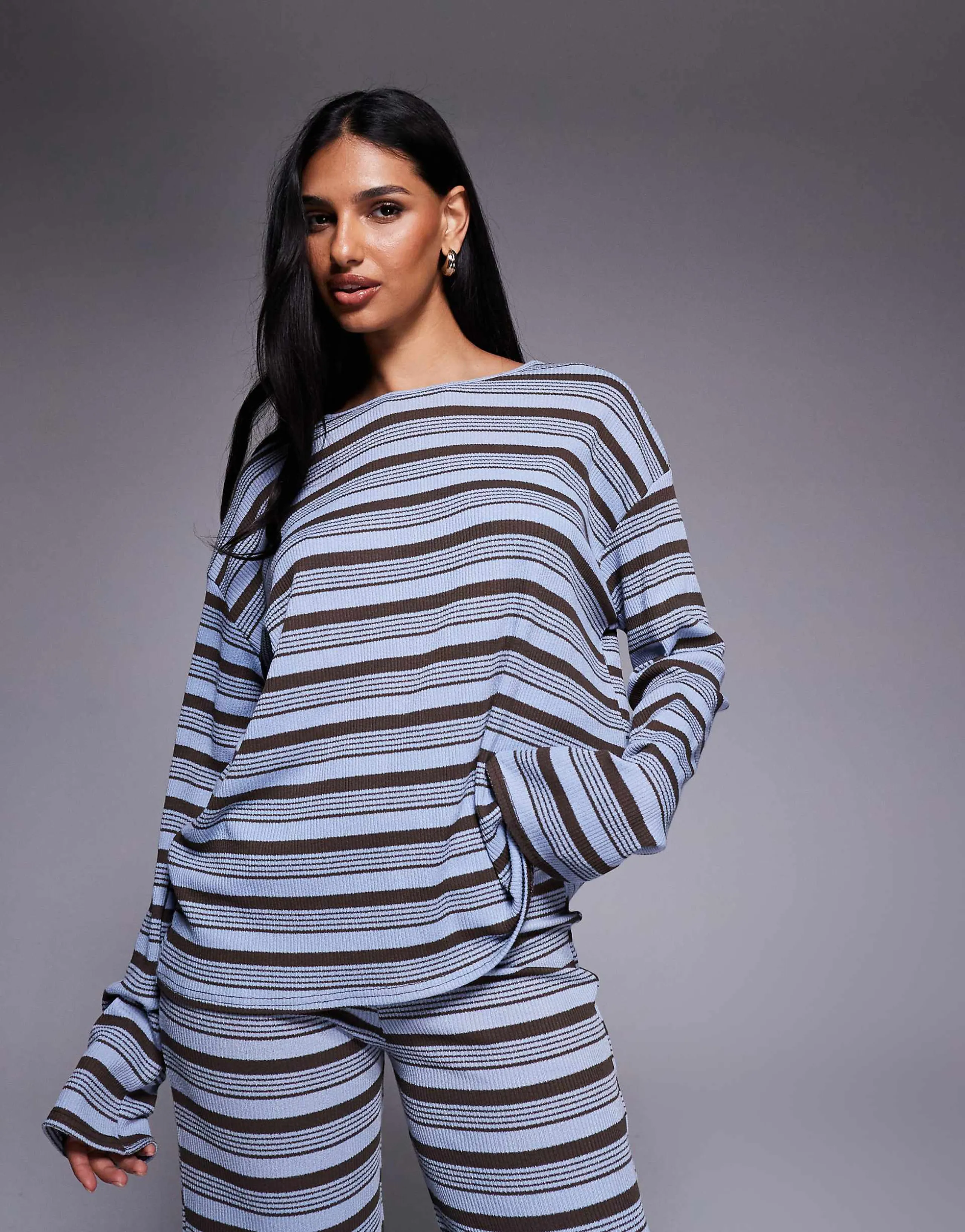 Kaiia exclusive rib knit oversized long sleeve t-shirt in blue and chocolate stripes - part of a set