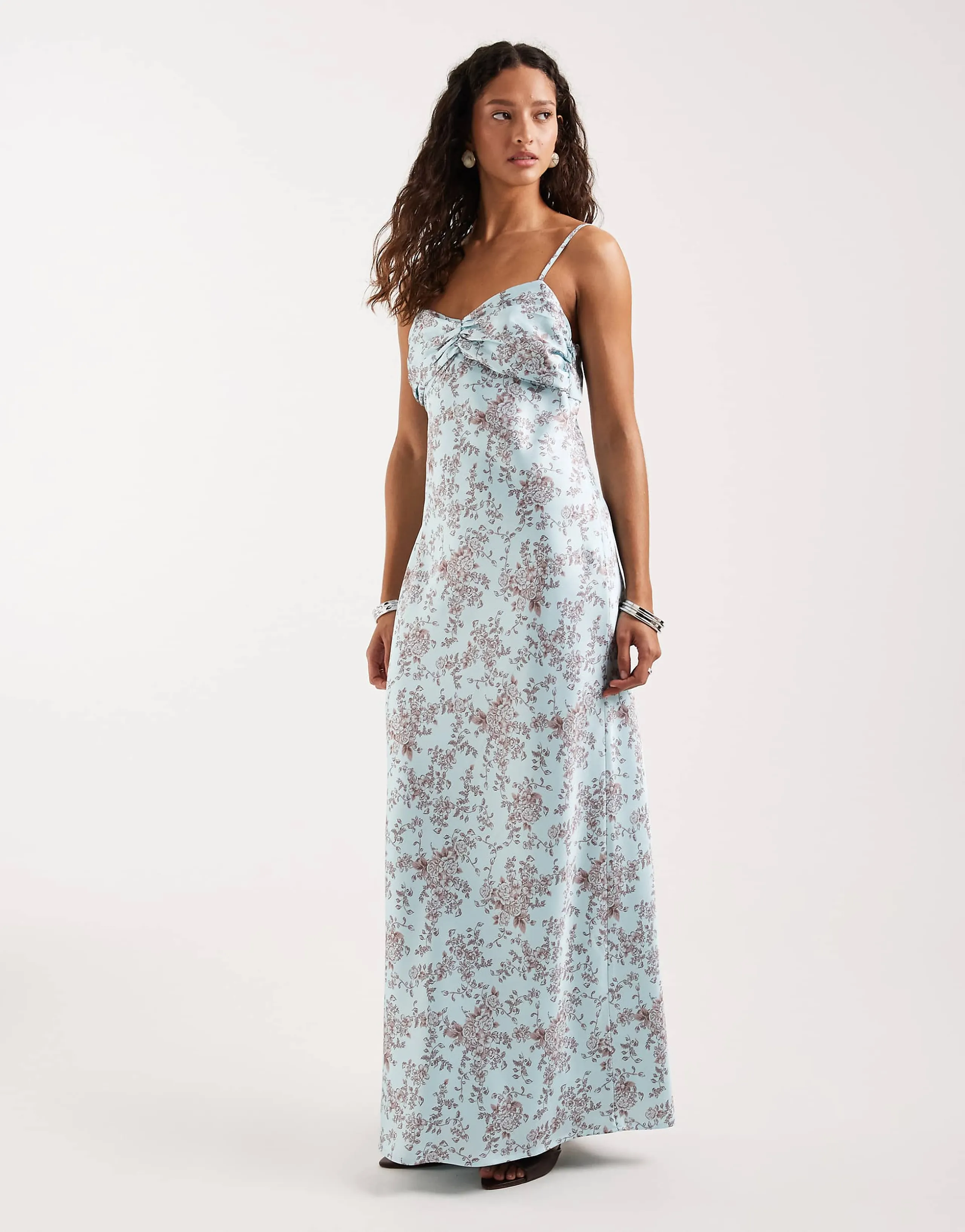 Pretty Lavish Joely satin ruched bust maxi dress in twiggy blue floral
