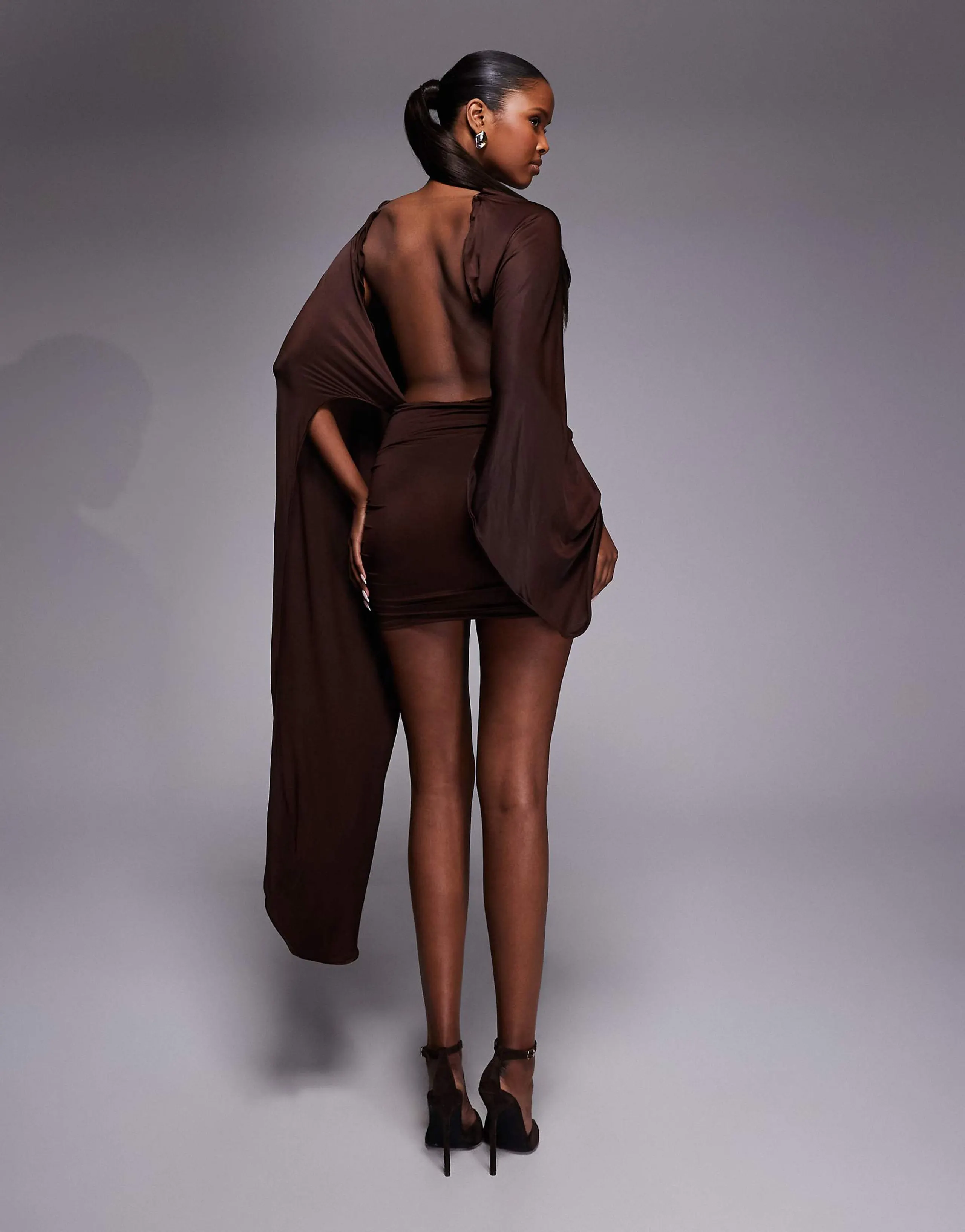 Oh Polly cape top drape mini dress in chocolate brown