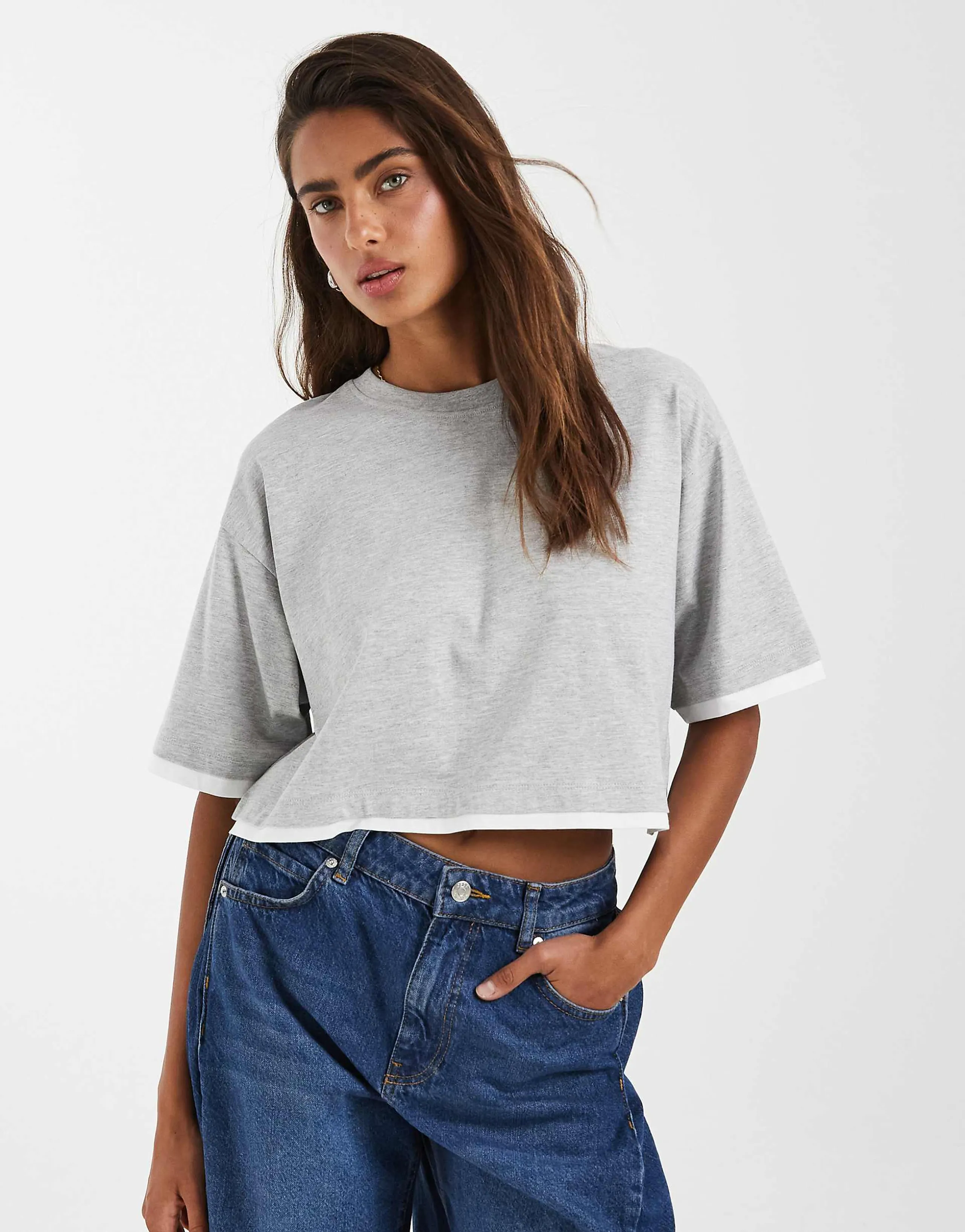 JJXX double layer oversized cropped tee in gray