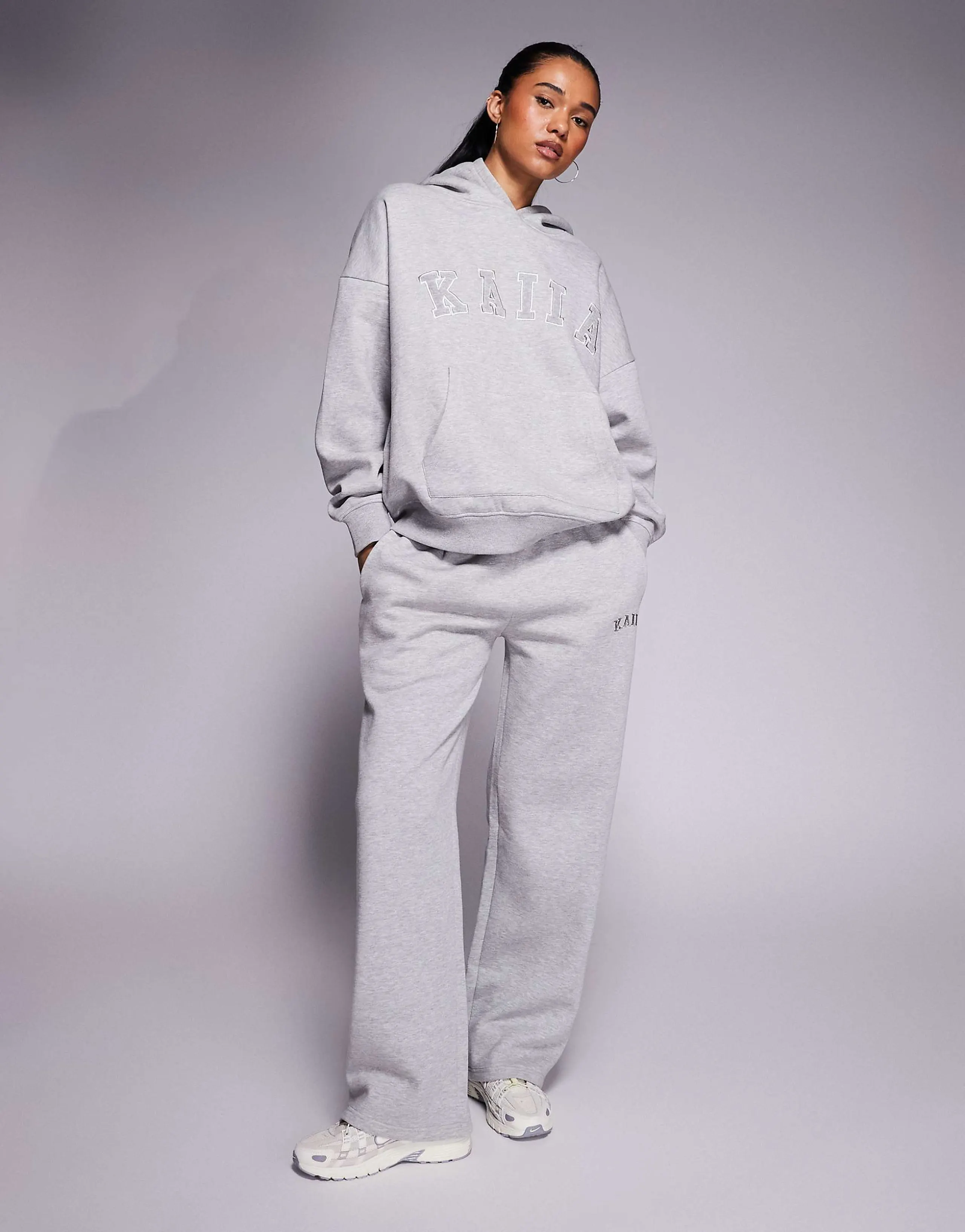 Kaiia cotton rich embroidered logo wide leg sweatpants in dark gray heather - part of a set  