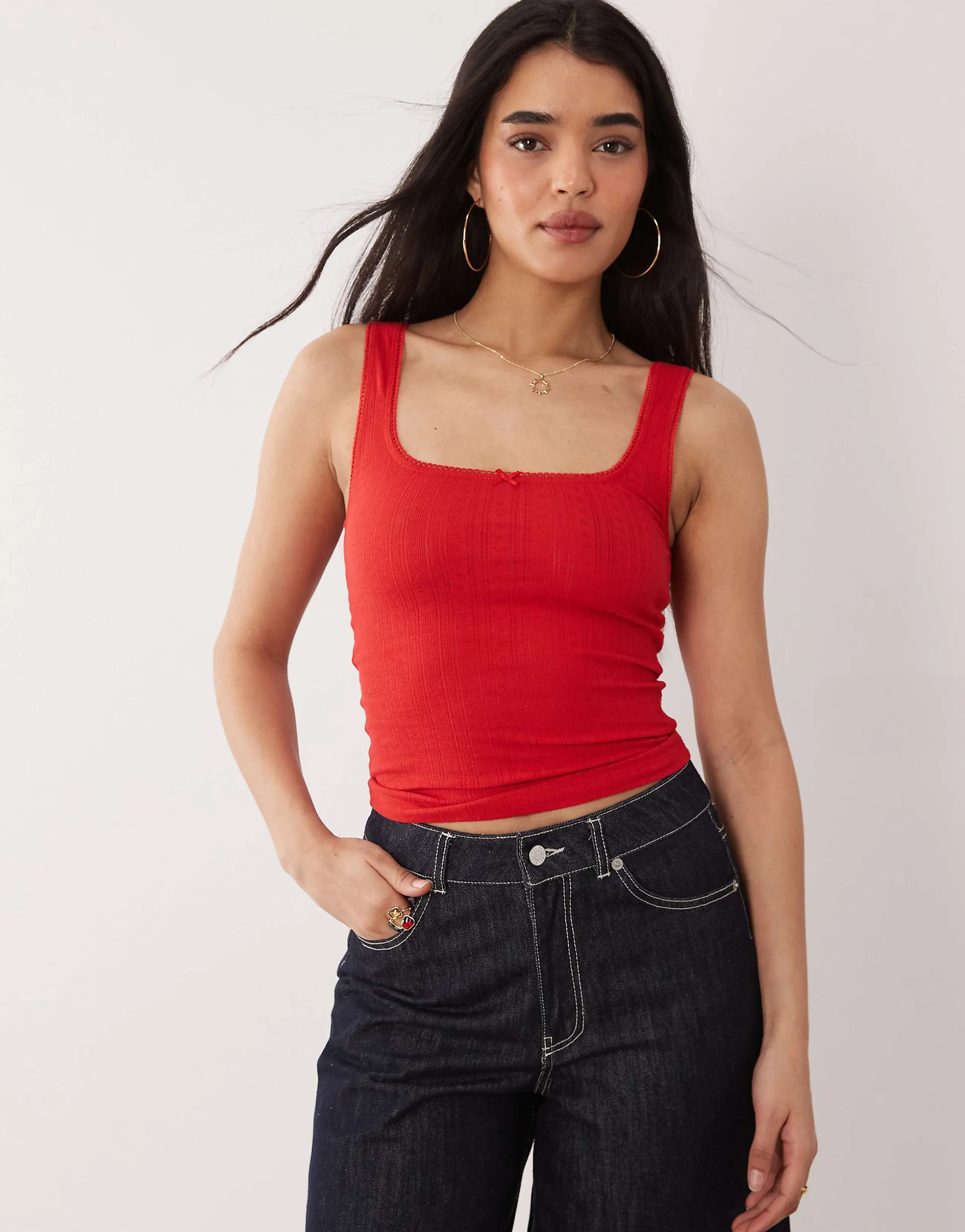 ASOS DESIGN pointelle square neck tank top in red