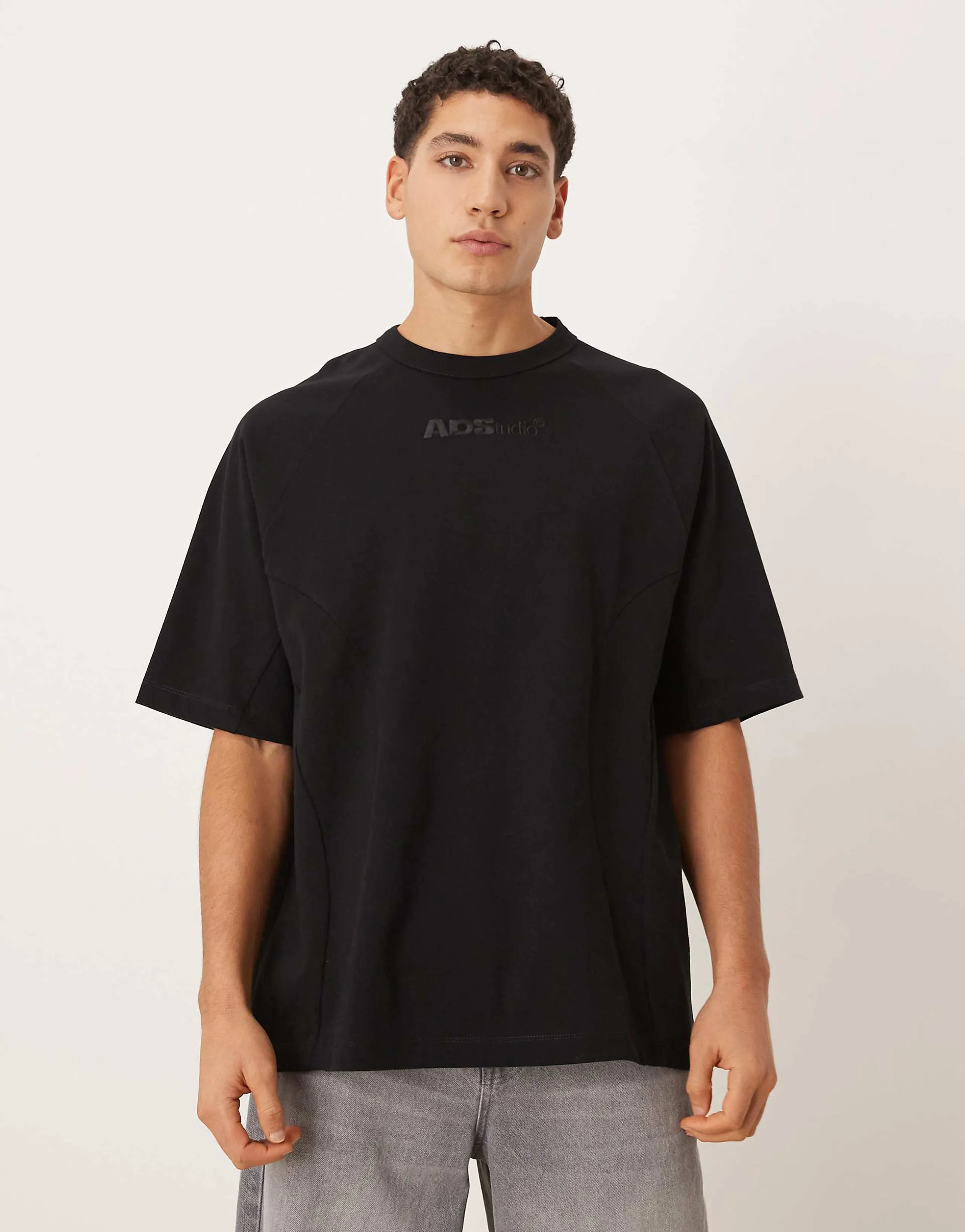 ASOS DESIGN heavyweight oversized T-shirt with panels and chest embroidery in black