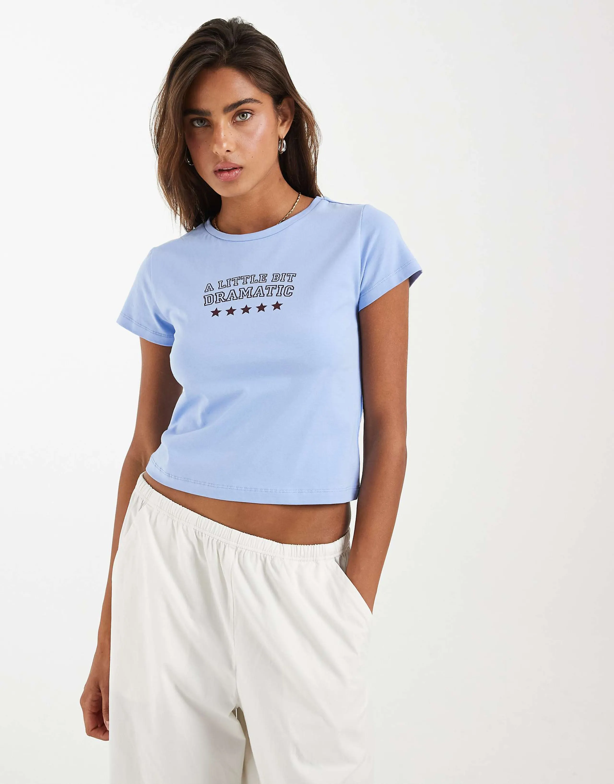 Noisy May baby tee with dramatic print in light blue