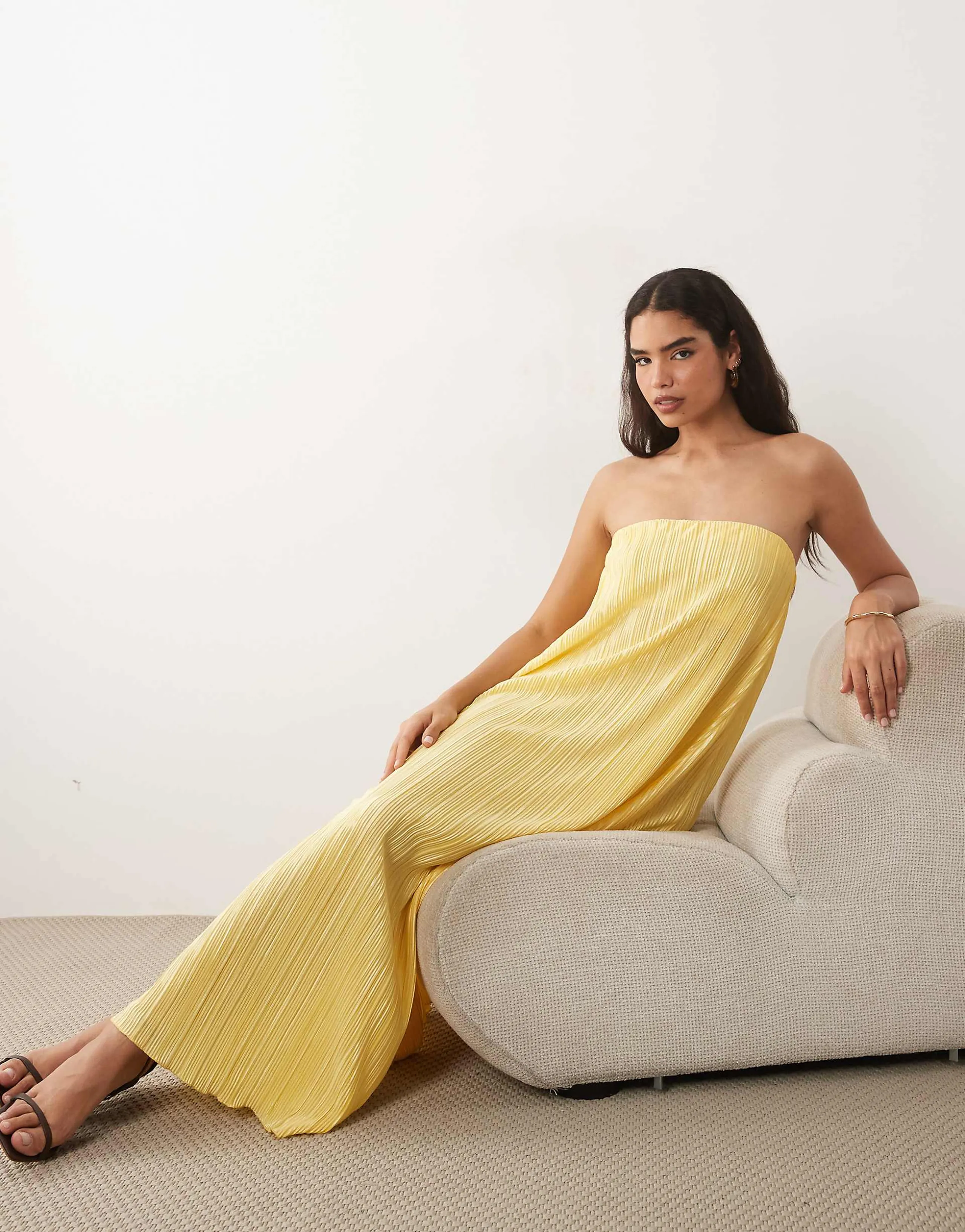 ASOS DESIGN plisse bandeau trapeze midi dress in butter yellow