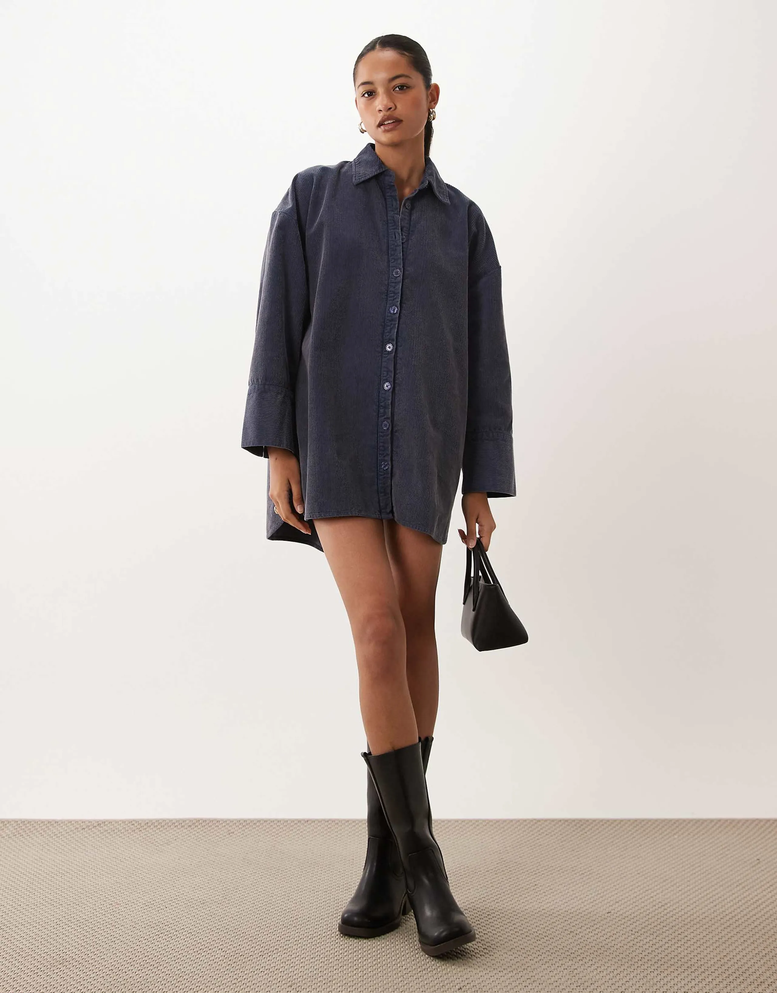 ASOS DESIGN oversized cord shirt mini dress in washed denim blue