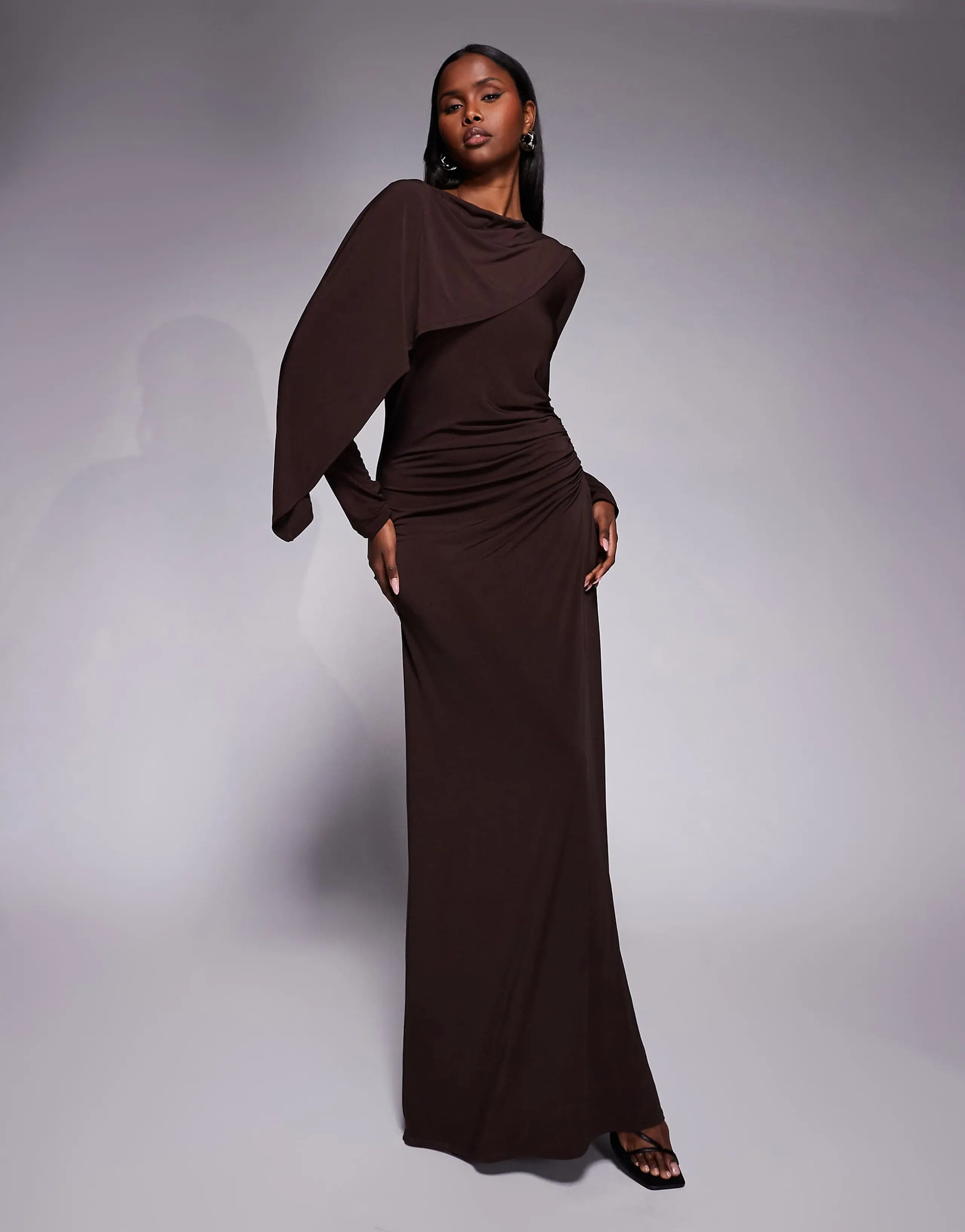 Daska slinky one shoulder cape detail maxi dress in chocolate