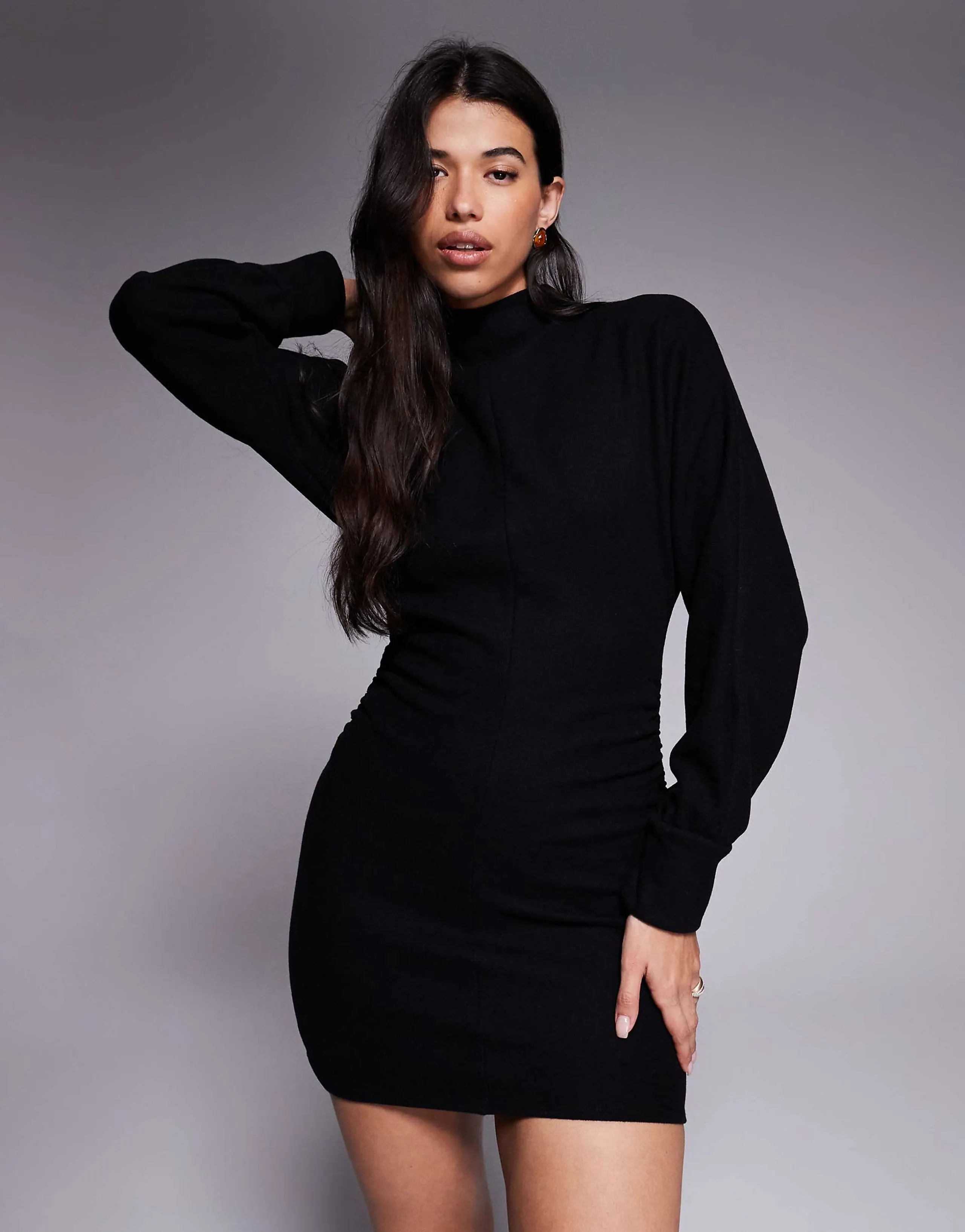 ASOS DESIGN supersoft funnel neck batwing mini dress with ruched side in black
