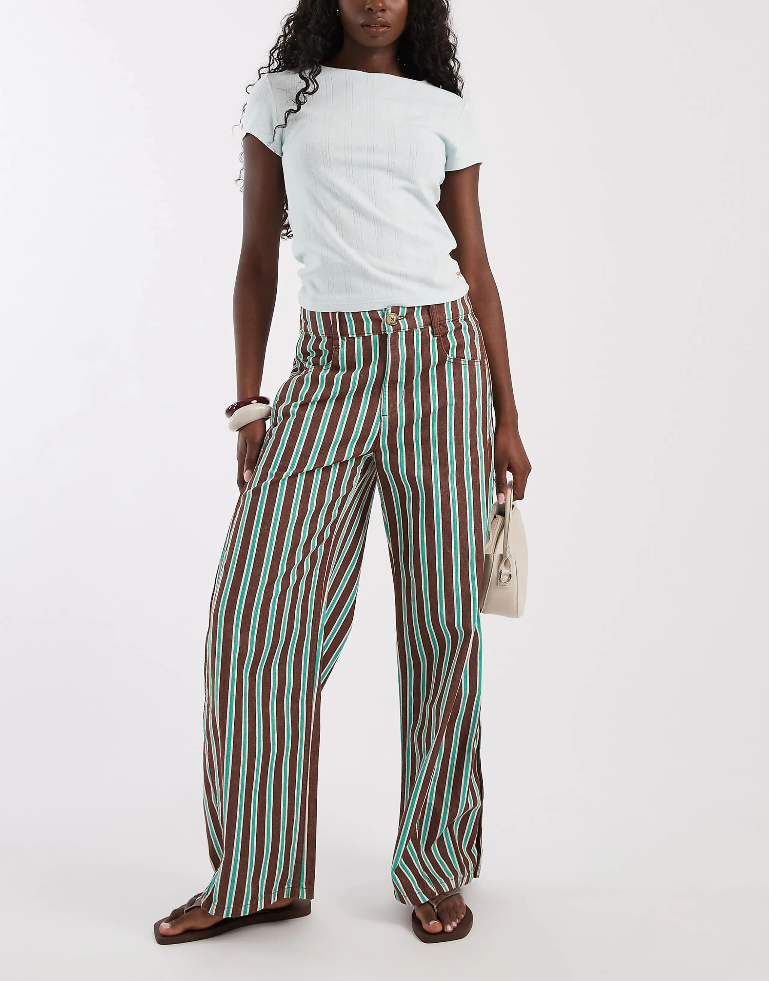ASOS DESIGN horseshoe pants with tab waist detail in chocolate striped print