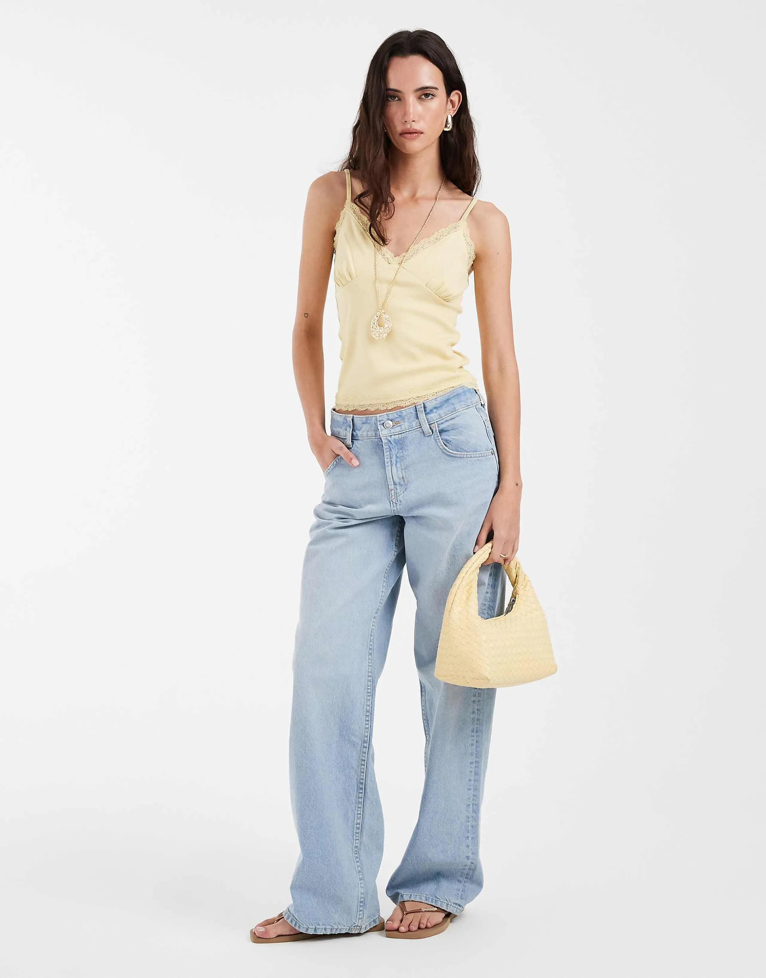 ASOS DESIGN contrast lace detail v neck cami in buttermilk