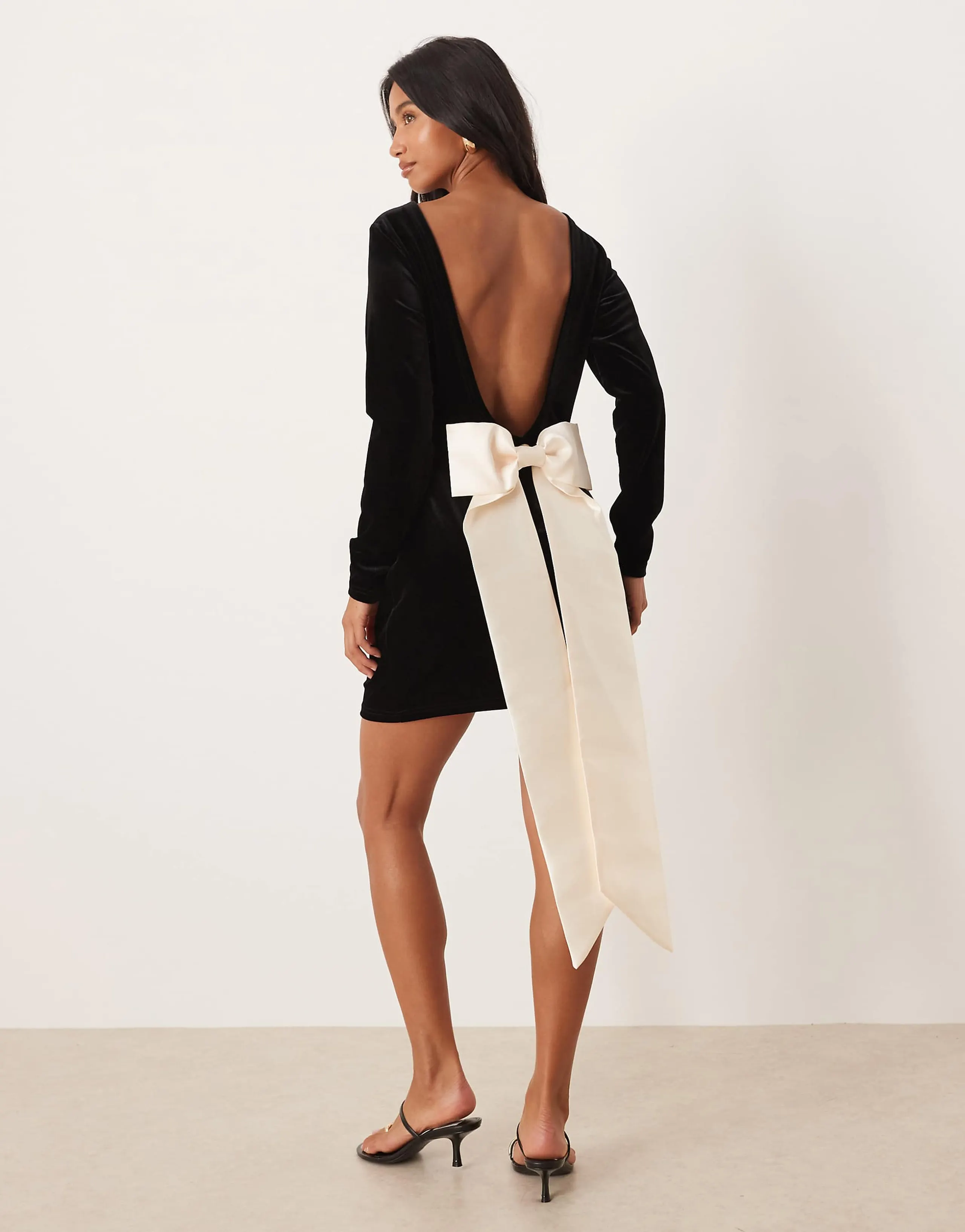 Never Fully Dressed Petite open back mini dress with detachable bow in black