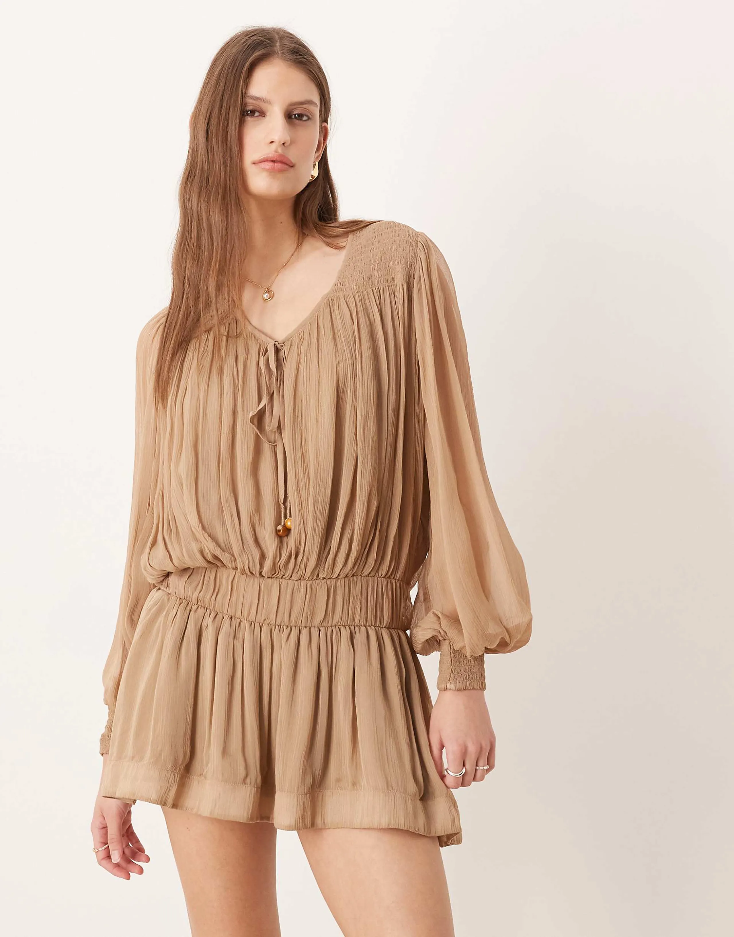 Free People sunbeam long sleeve mini dress in brown