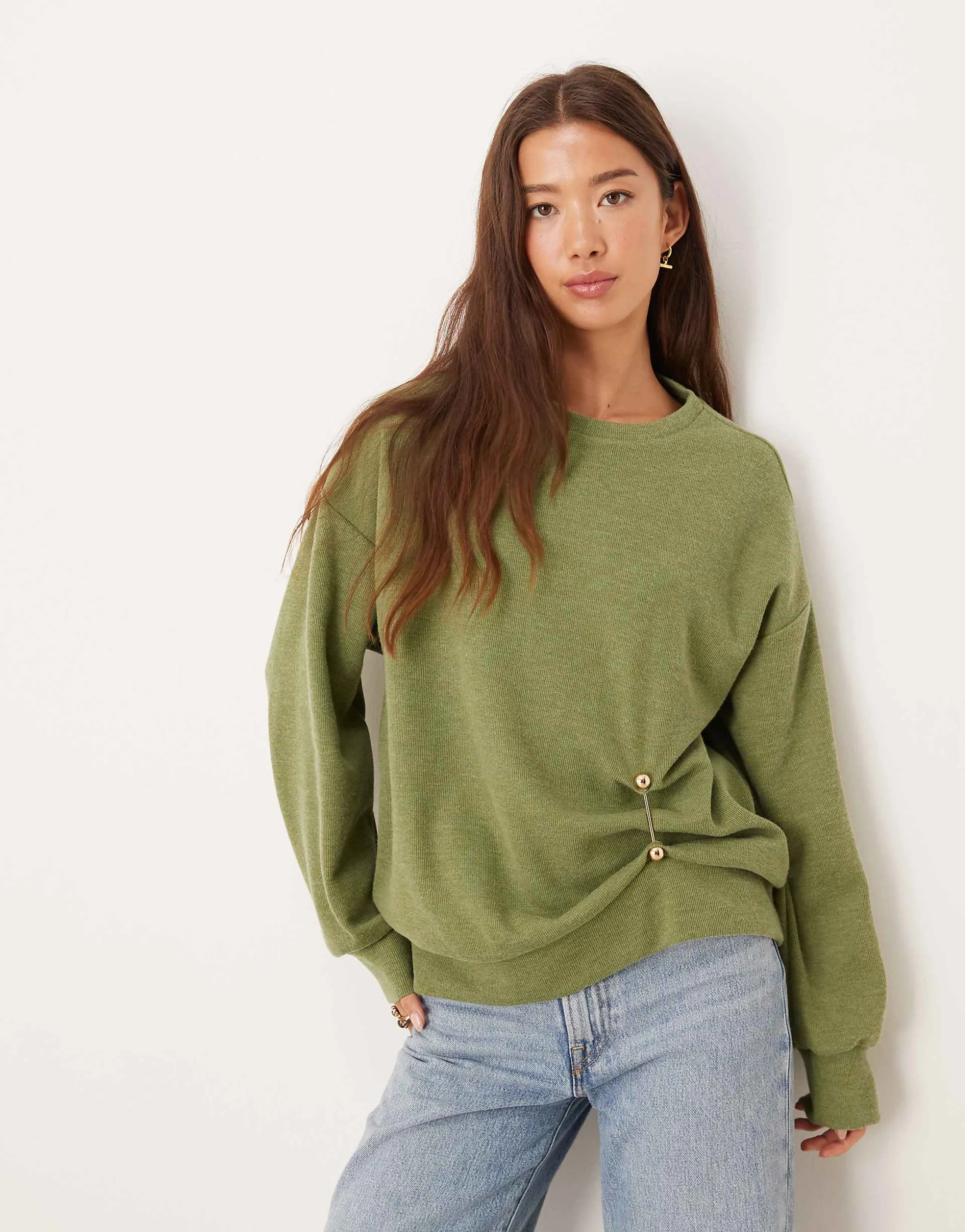 ASOS DESIGN Supersoft cinched trim detail long sleeve top in khaki green