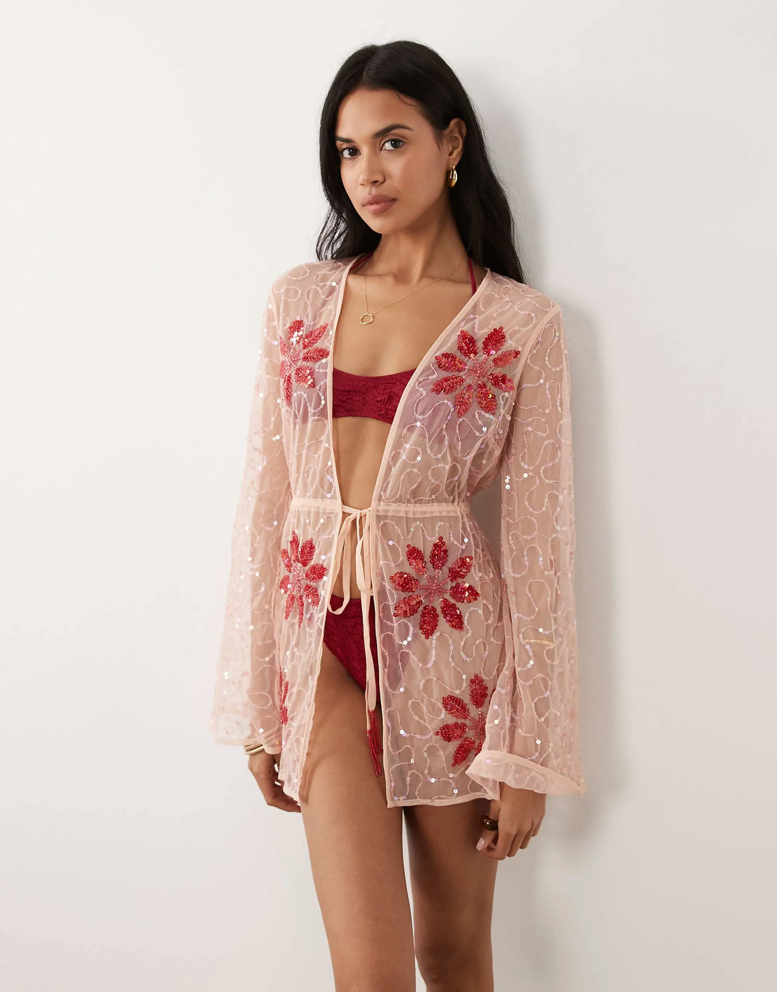 Miss Selfridge premium cinched waist beaded mini beach cover up in pink