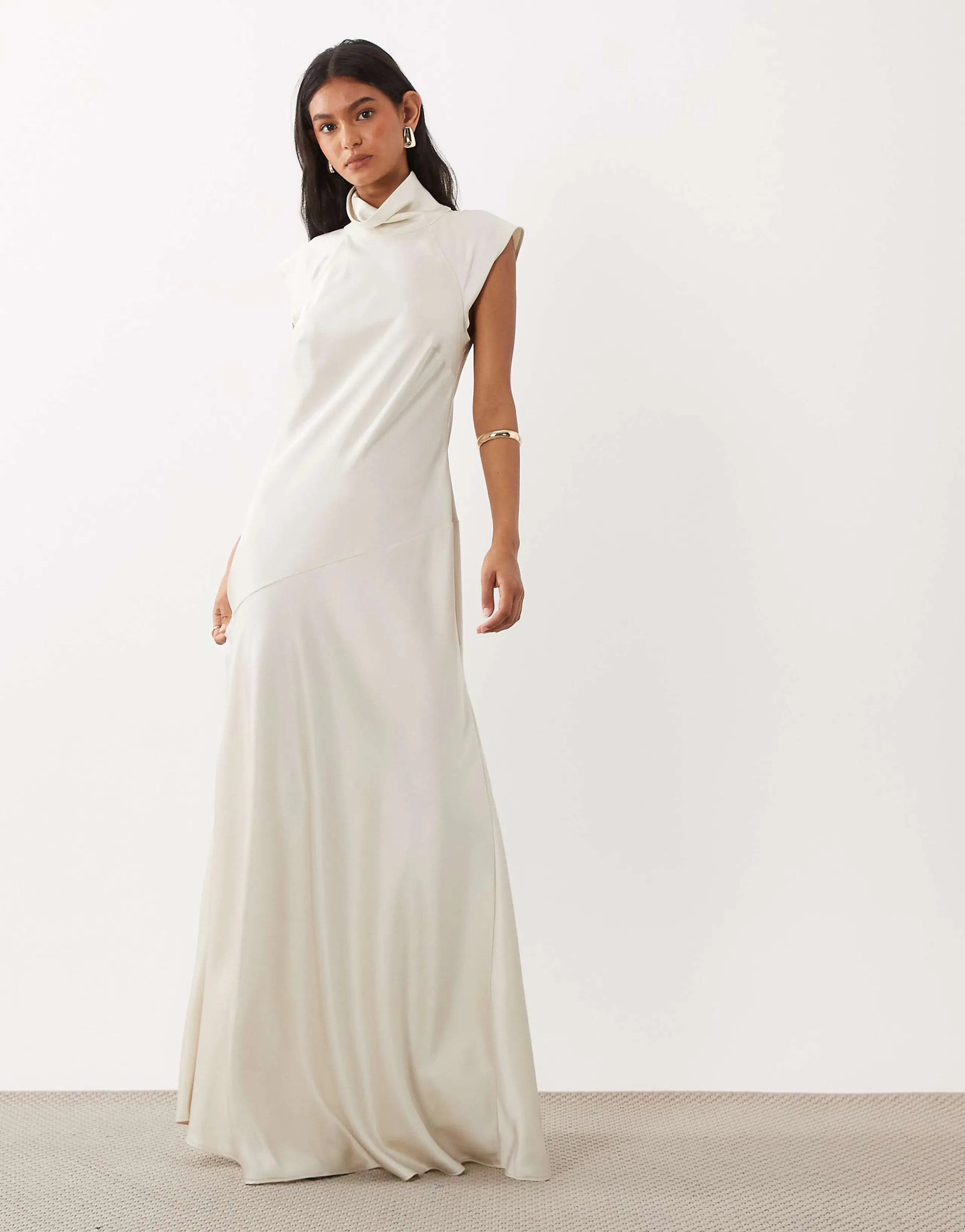 ASOS DESIGN high neck satin maxi dress with godets in oyster