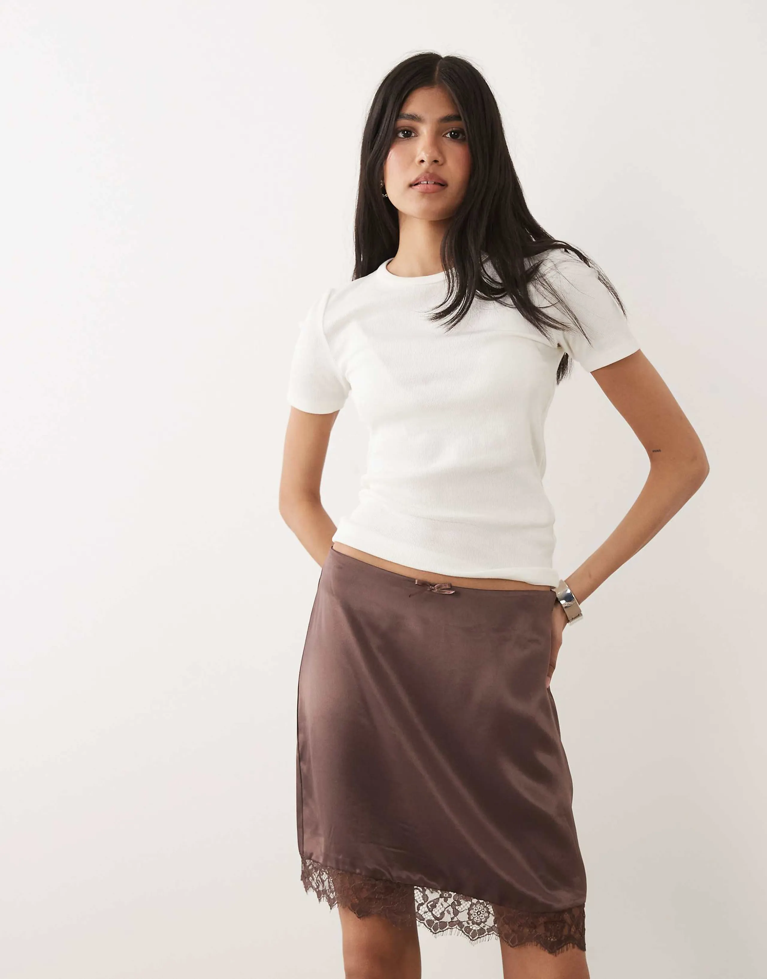 Miss Selfridge satin lace trim mini skirt in chocolate