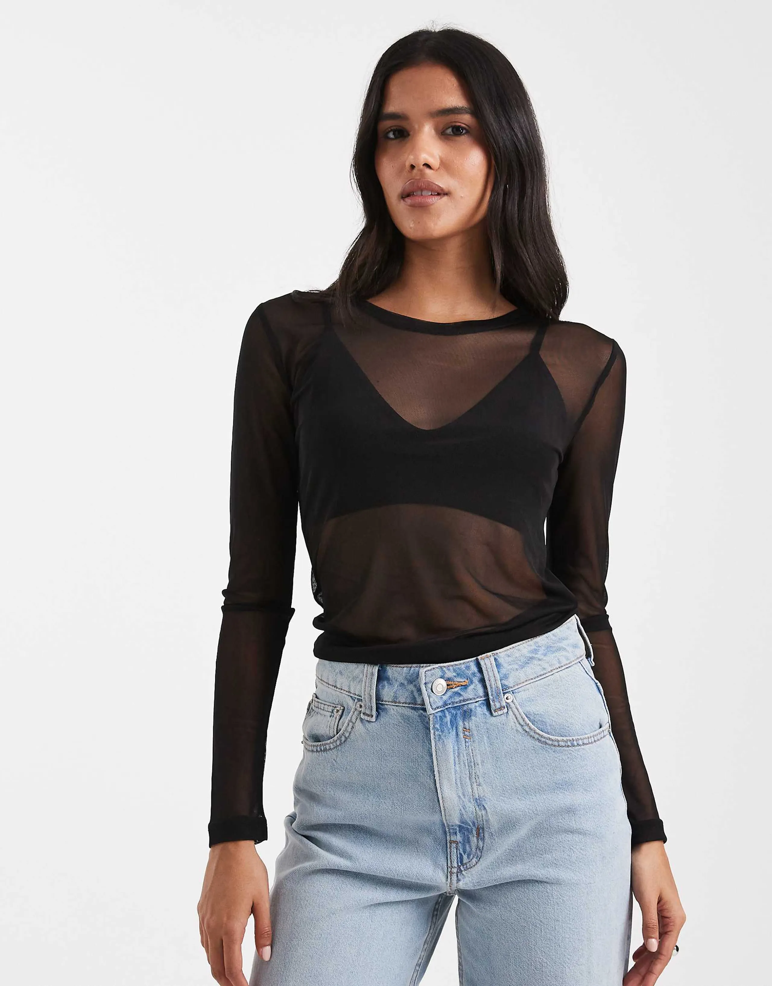Vero Moda sheer long sleeve mesh top in black