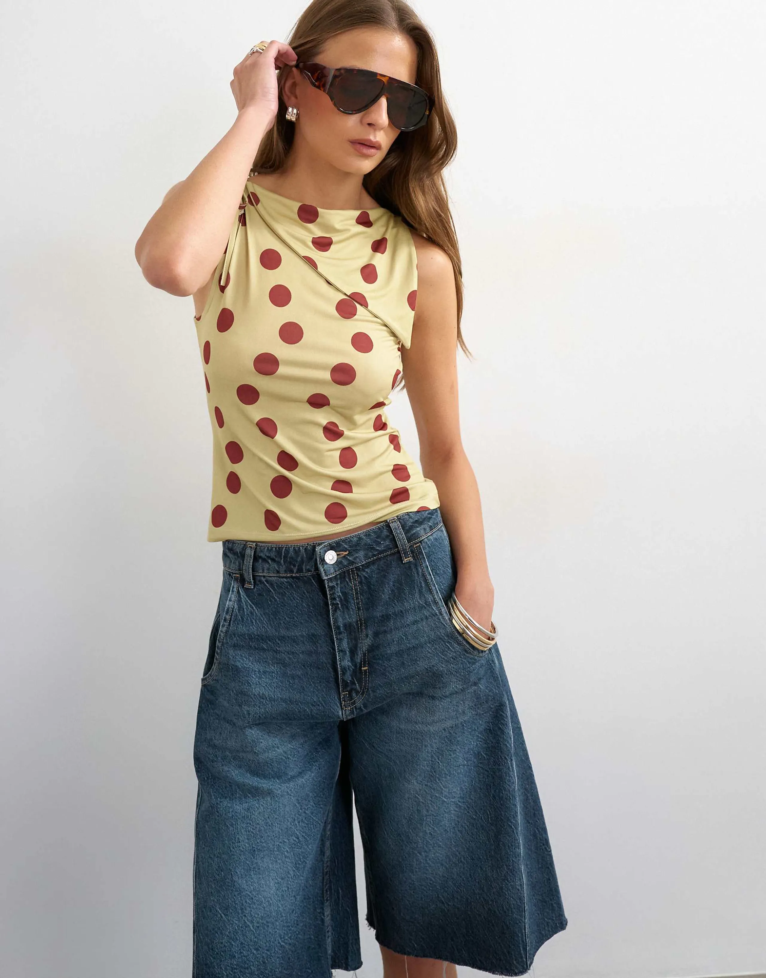 Topshop polka dot microfiber fold-over tie shoulder top in green
