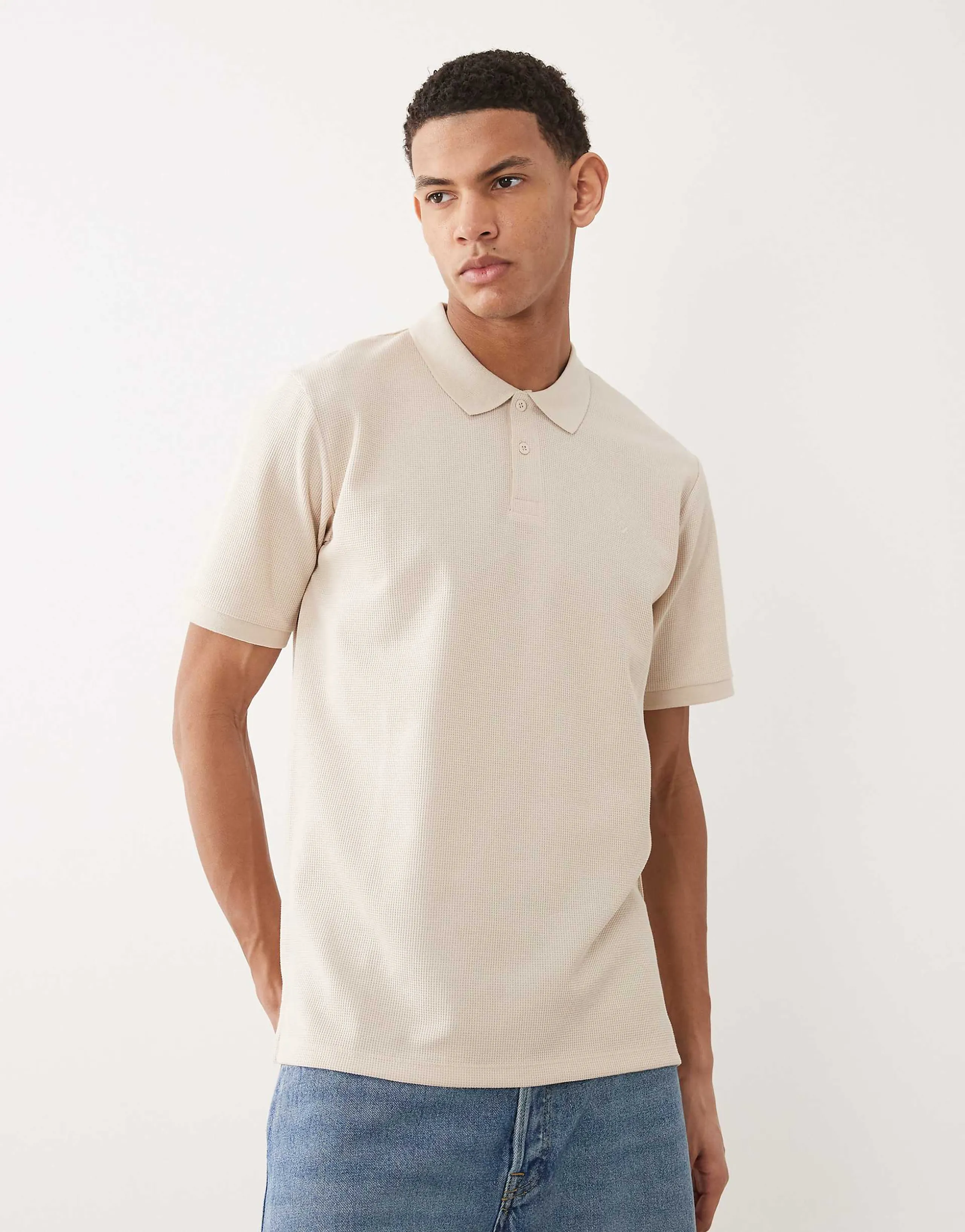 Jack & Jones waffle knit polo shirt in cream