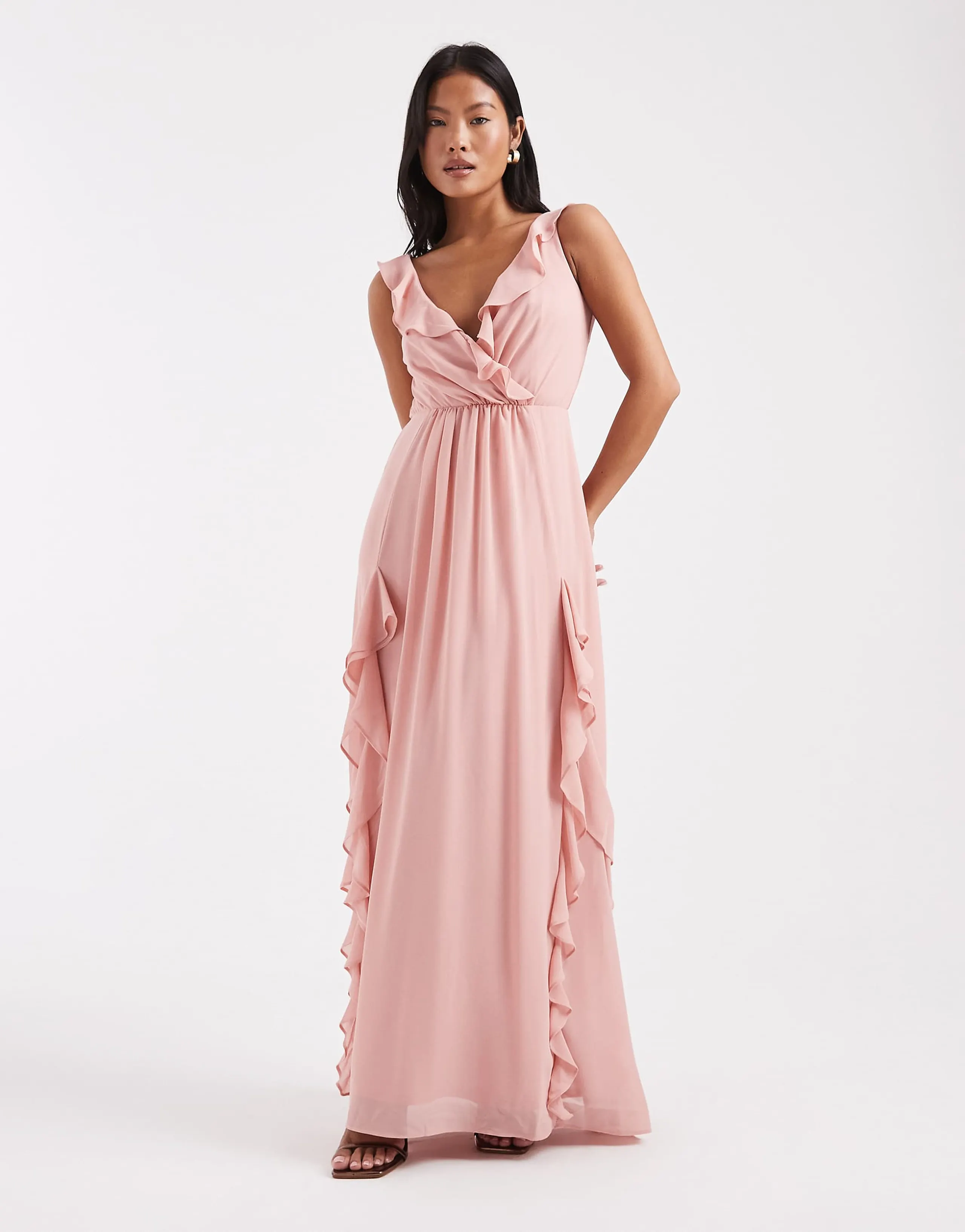 TFNC Petite Bridesmaid chiffon v neck ruffle maxi dress in pink