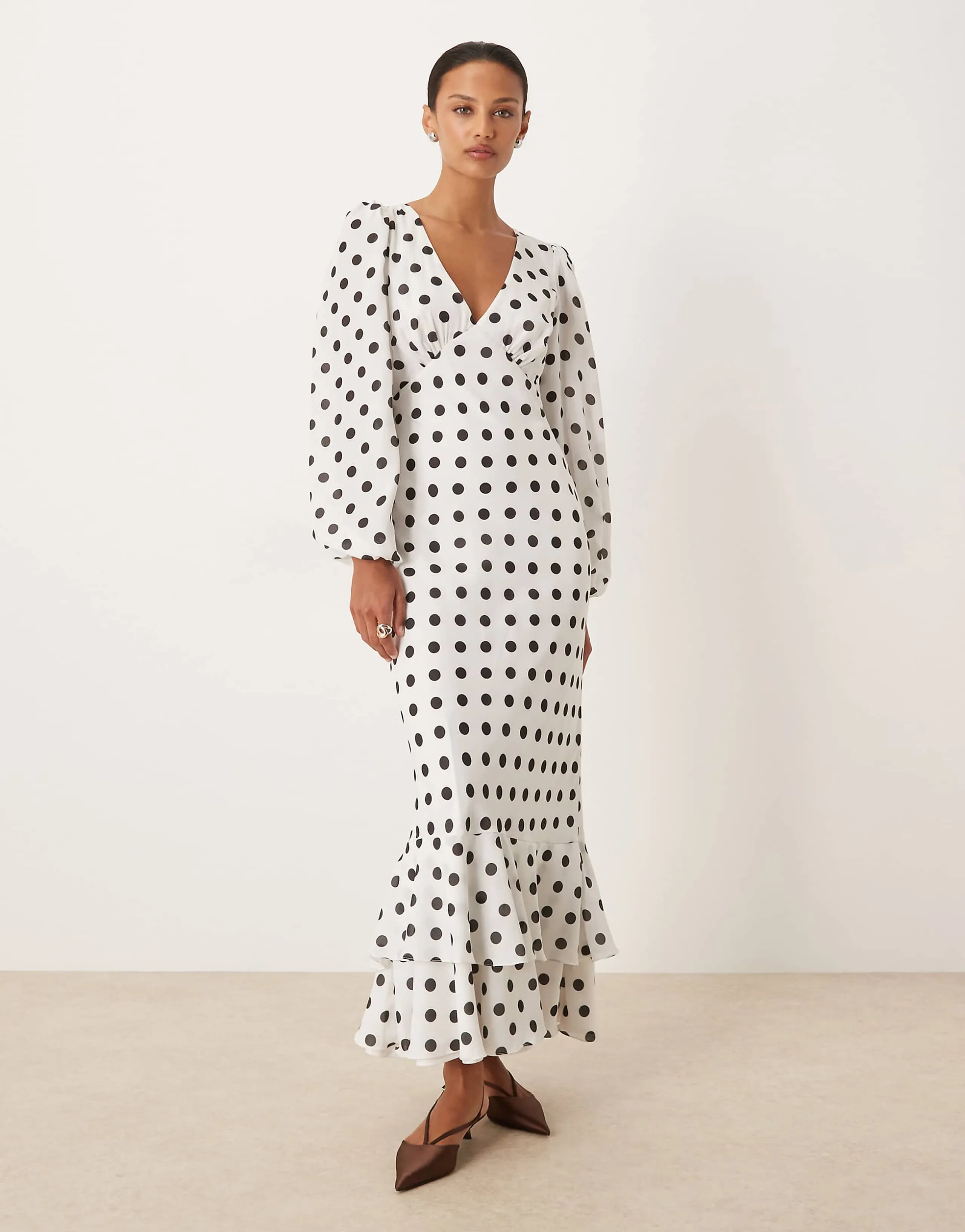 Lace & Beads long sleeve ruffle hem maxi dress in white polka dots