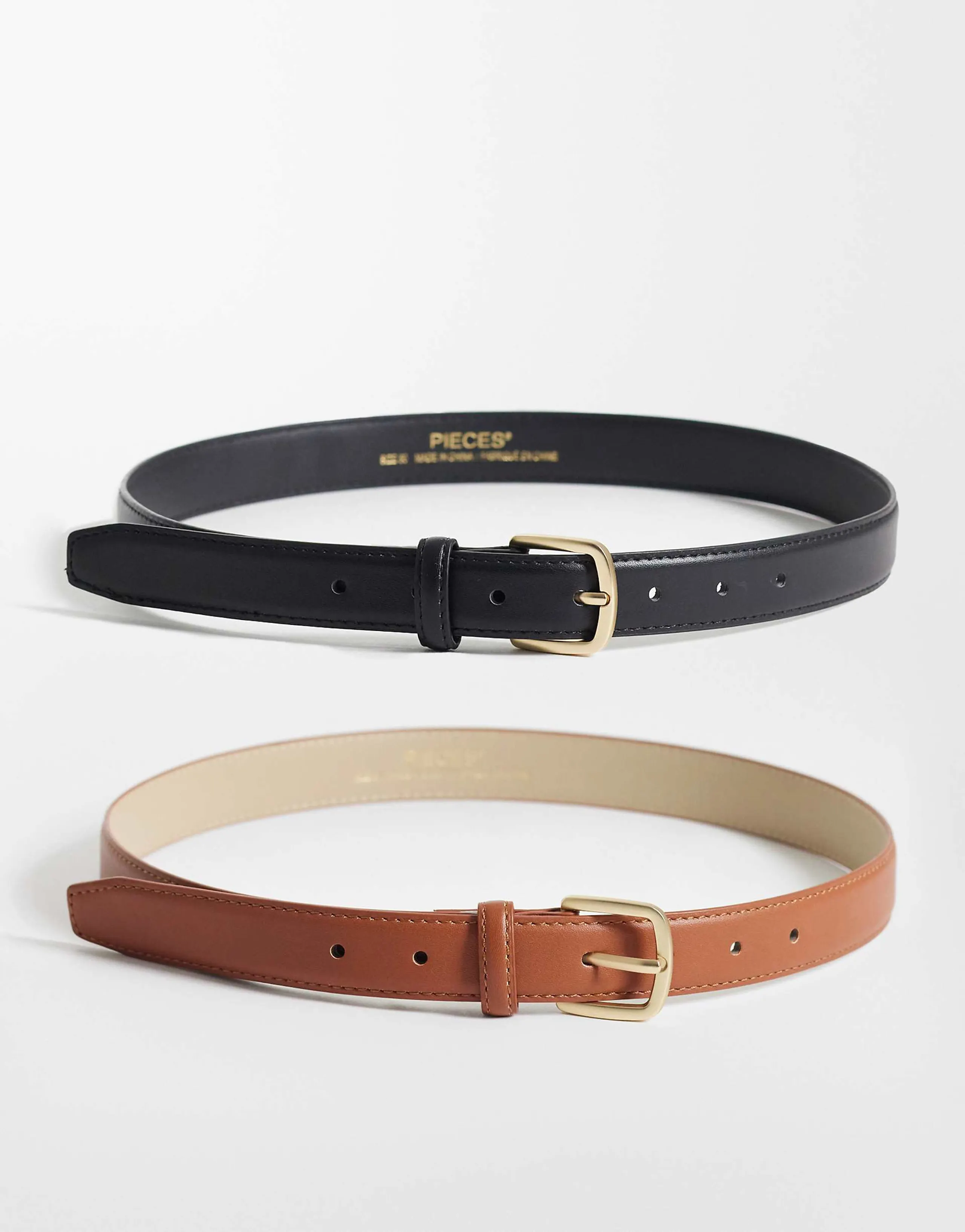 PIECES 2 pack gold buckle belts in black and cognac brown