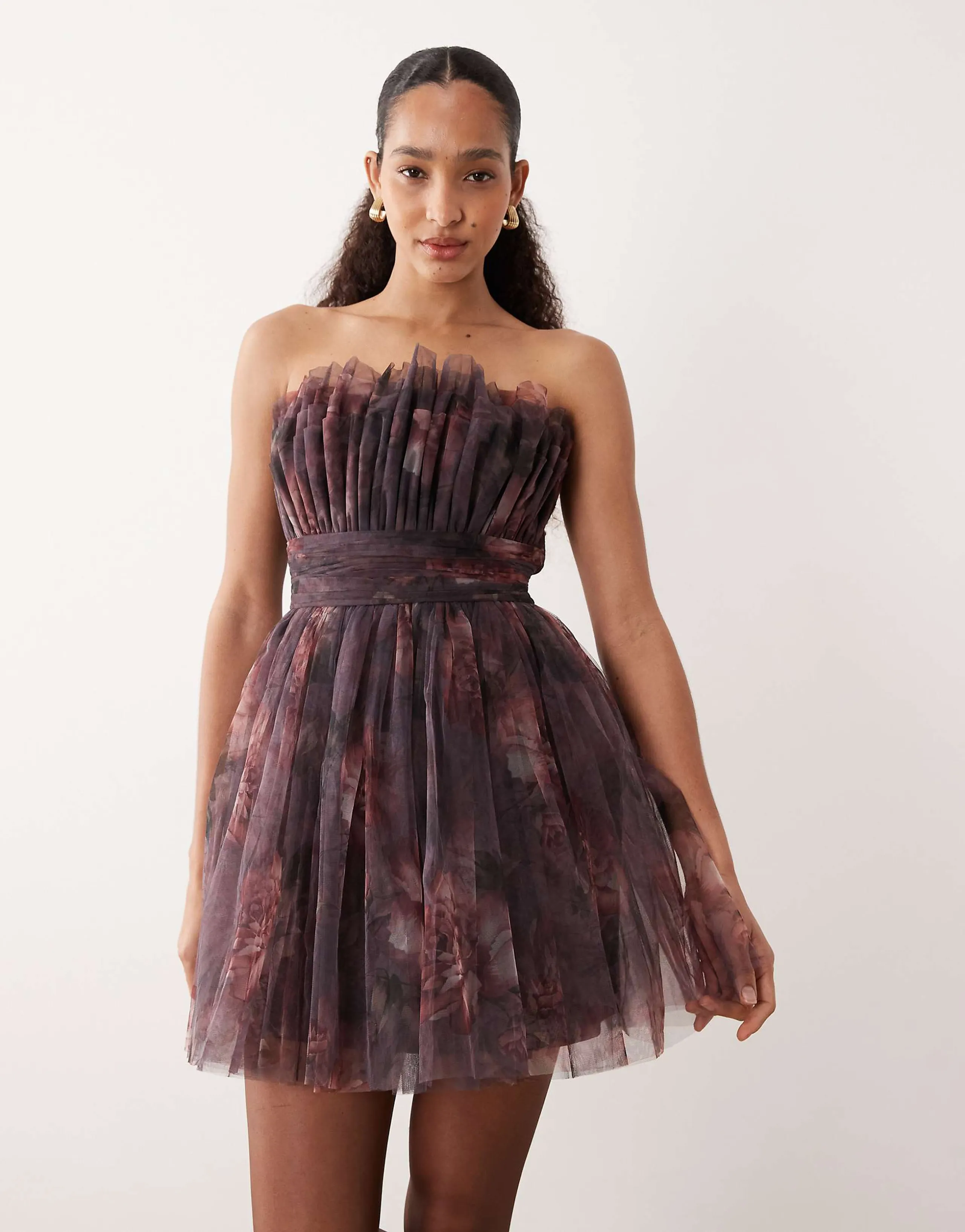 Lace & Beads tulle waistband bandeau mini dress in plum floral