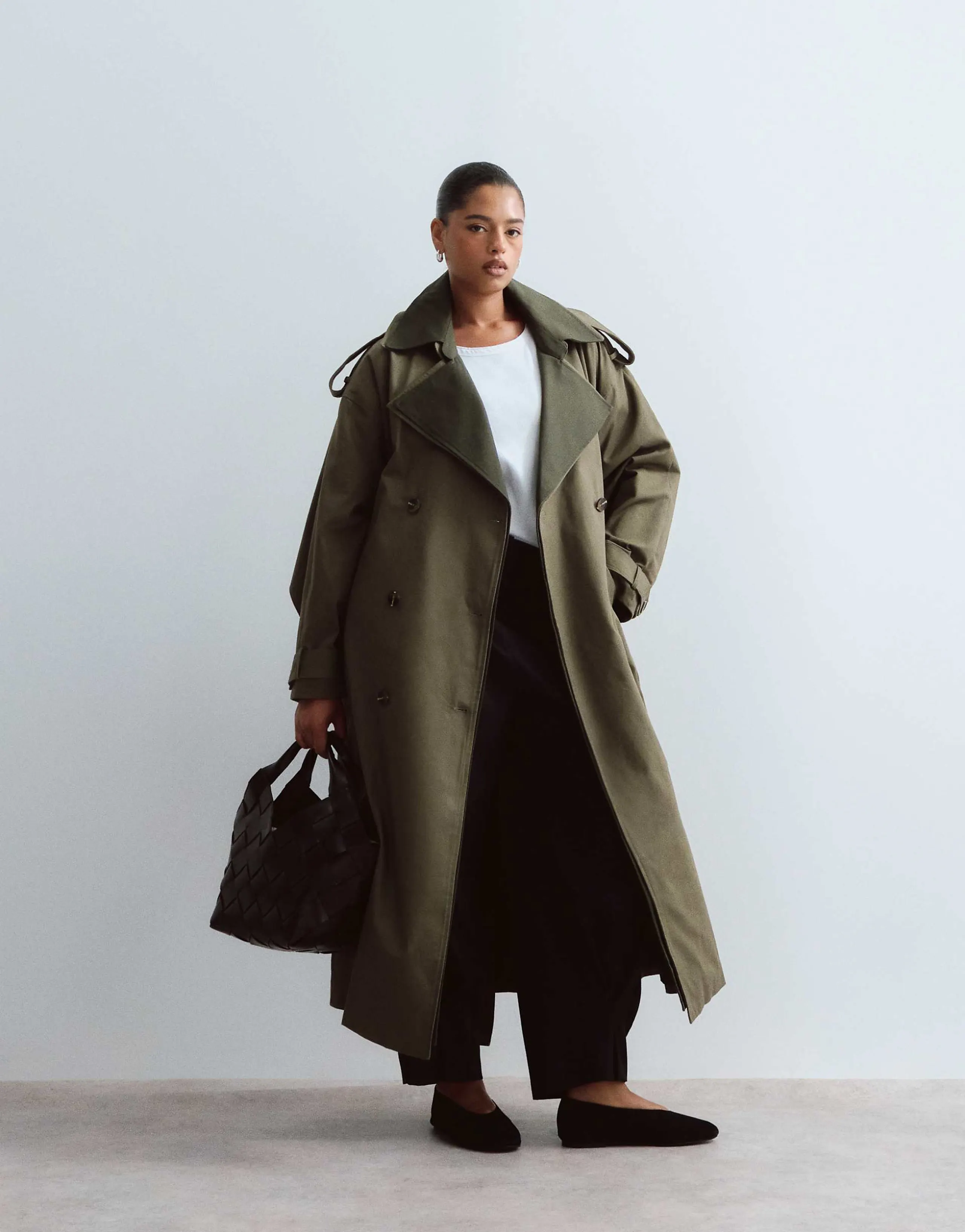 ARRANGE Curve two tone lapel double breasted trench coat in khaki